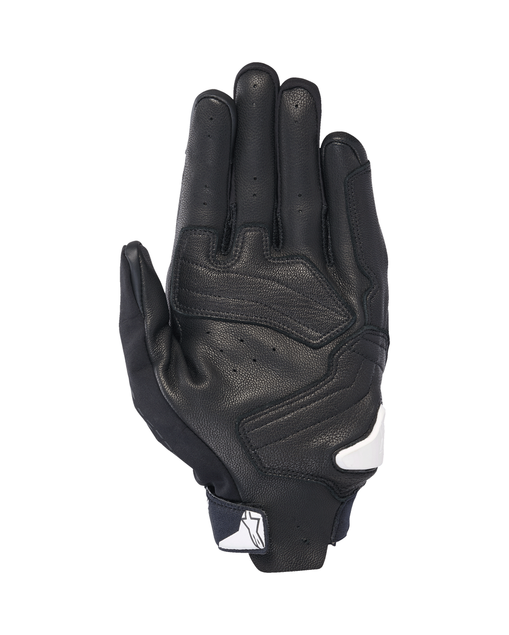 Guanti Alpinestars SP X 7, vista del palmo, nero con accenti bianchi, guanti da moto a polsino corto con pelle traforata, rinforzi sul palmo e logo Alpinestars bianco sulla chiusura del polso