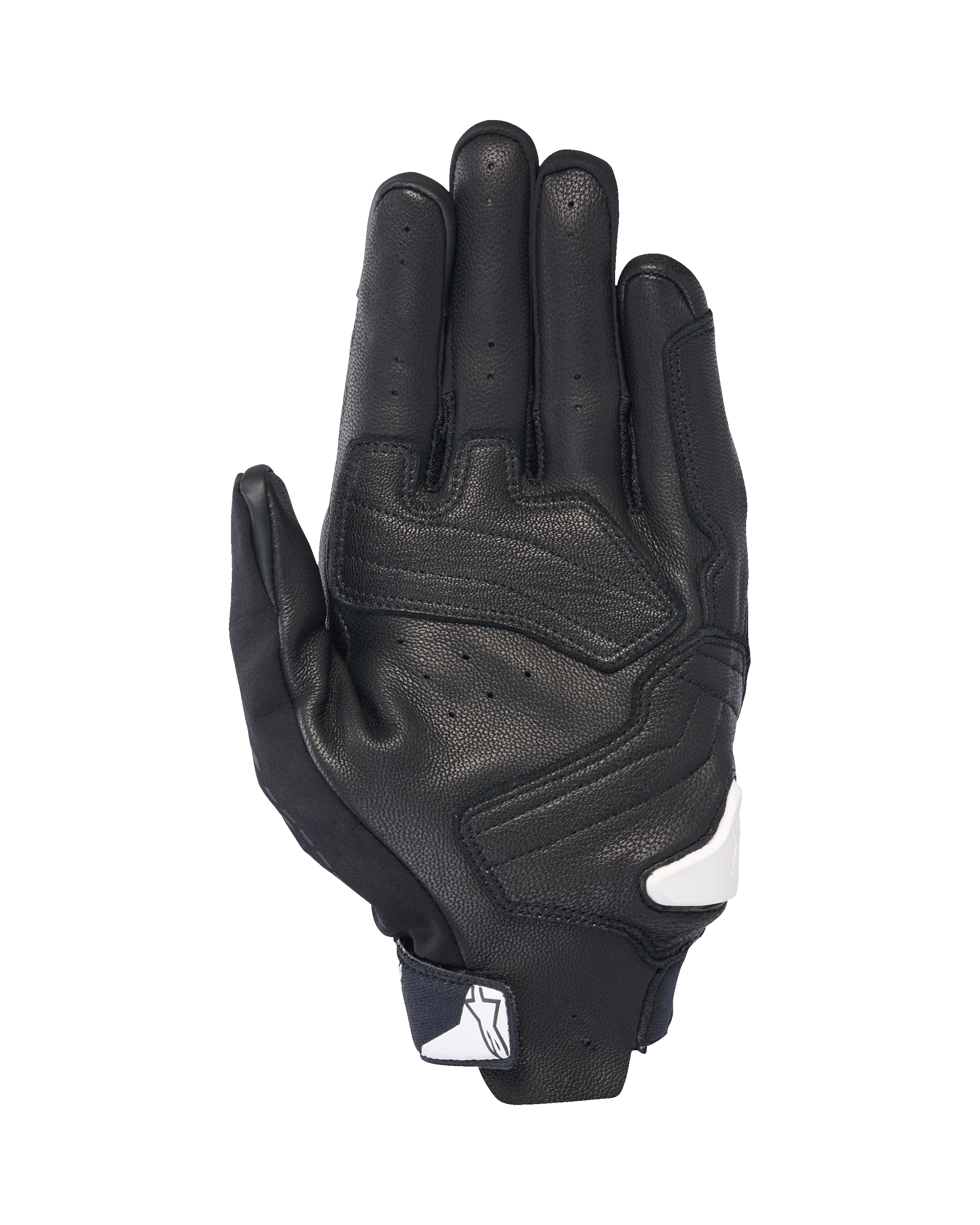 Guanti Alpinestars SP X 7, vista del palmo, nero con accenti bianchi, guanti da moto a polsino corto con pelle traforata, rinforzi sul palmo e logo Alpinestars bianco sulla chiusura del polso