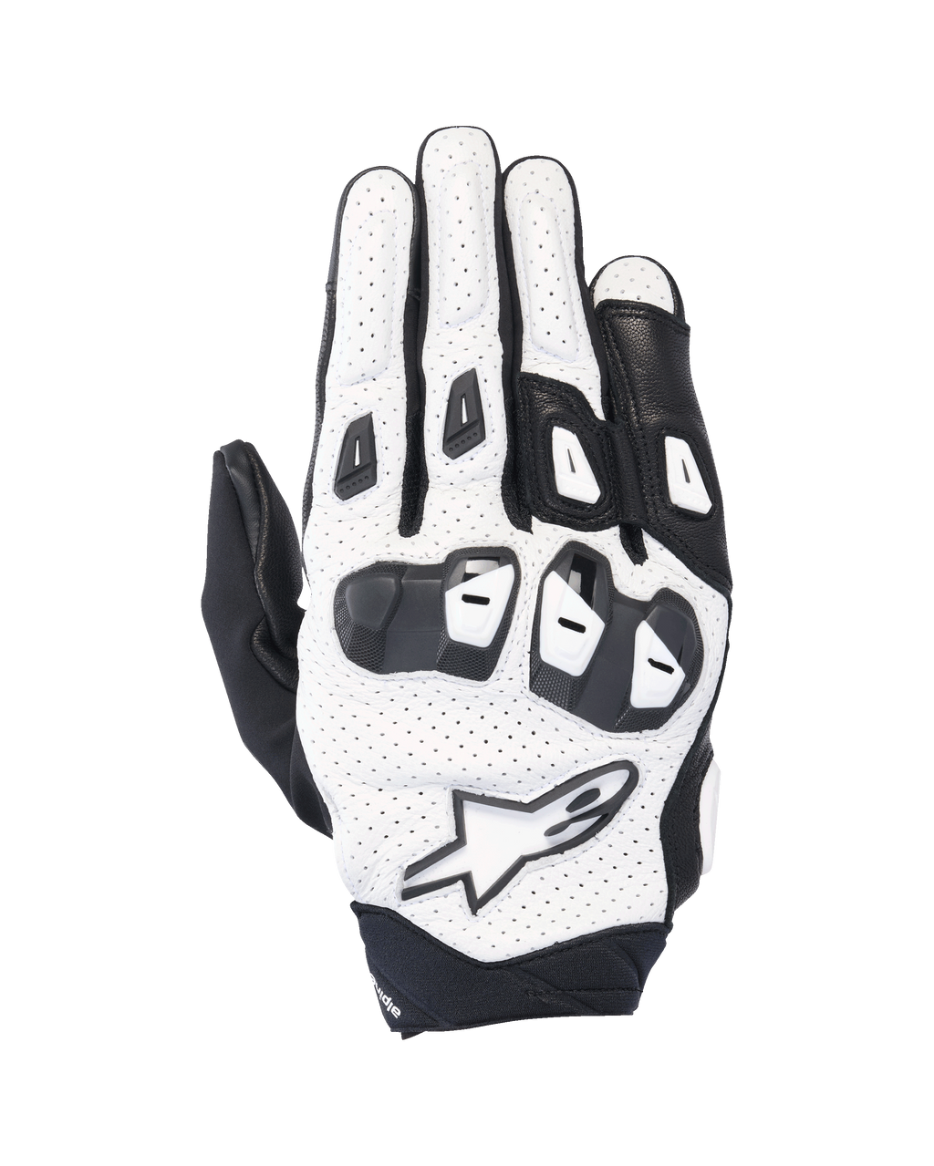 Guanti Alpinestars SP X 7, guanti da moto sportivi corti, bianco e nero, con struttura in pelle traforata e protezione delle nocche in TPU a doppia densità, logo a stella bianco, design ventilato per prestazioni di guida estive