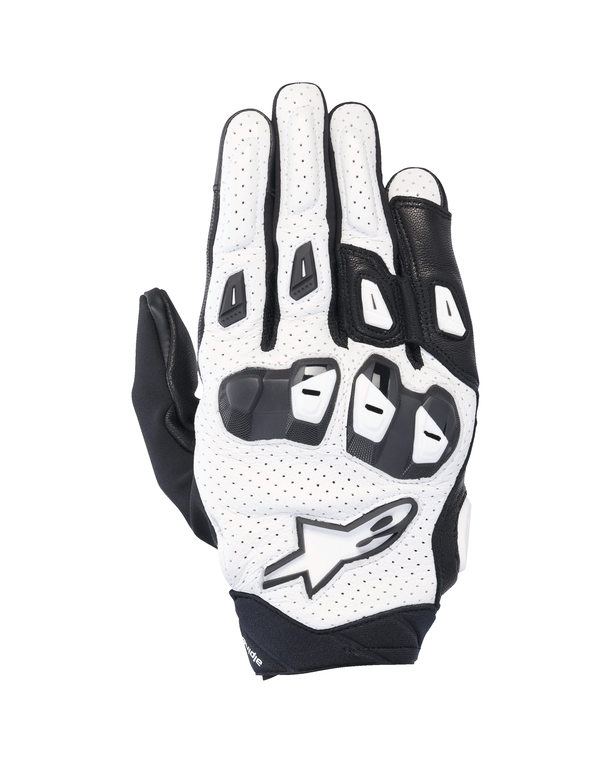 Guanti Alpinestars SP X 7, guanti da moto sportivi corti, bianco e nero, con struttura in pelle traforata e protezione delle nocche in TPU a doppia densità, logo a stella bianco, design ventilato per prestazioni di guida estive