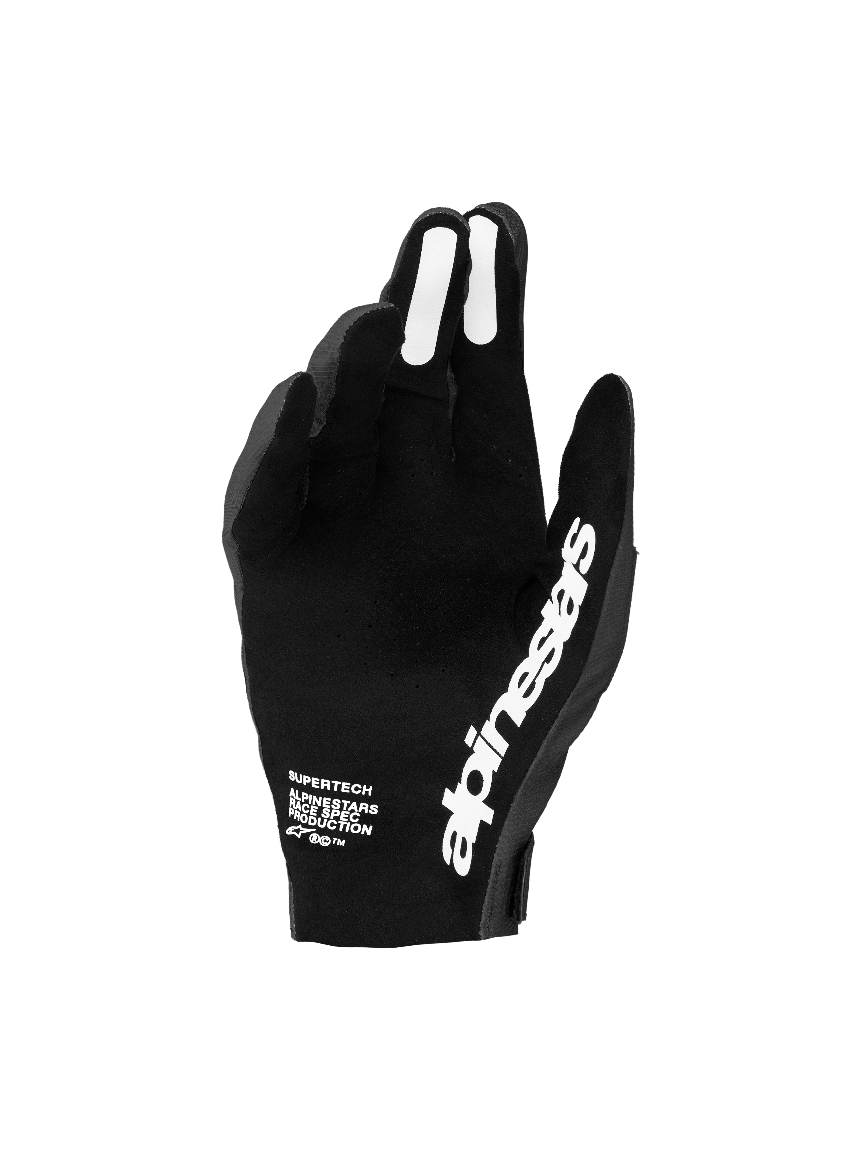 Alpinestars guanti Supertech MX 2027, guanti da gara motocross da uomo neri e bianchi, con palmo traforato per ventilazione e grip in silicone sulle dita per controllo preciso delle leve.