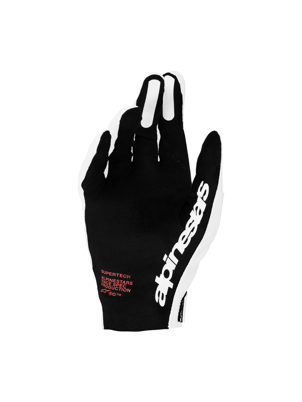 Alpinestars Guanti Supertech MX 2027, guanti da moto motocross neri e bianchi con dettagli rossi e dorso traforato traspirante.