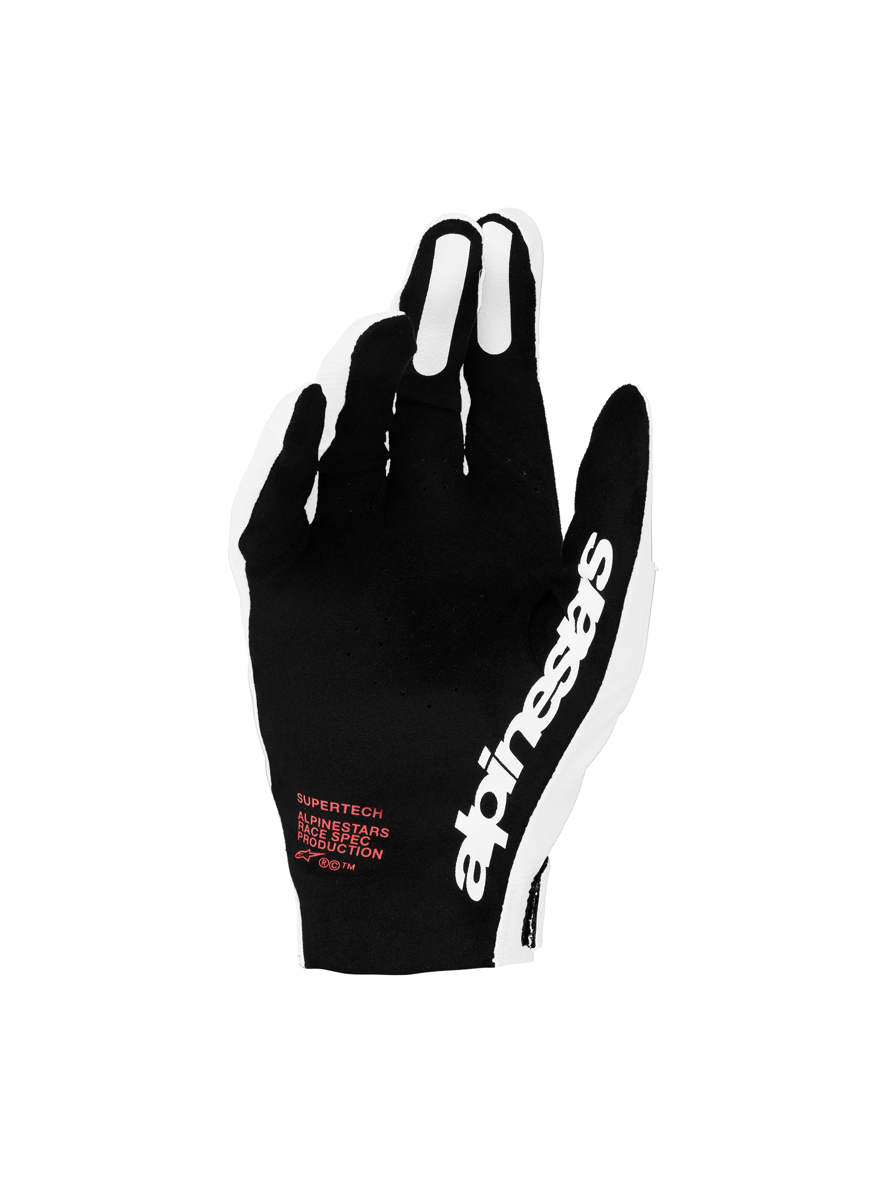 Alpinestars Guanti Supertech MX 2027, guanti da moto motocross neri e bianchi con dettagli rossi e dorso traforato traspirante.