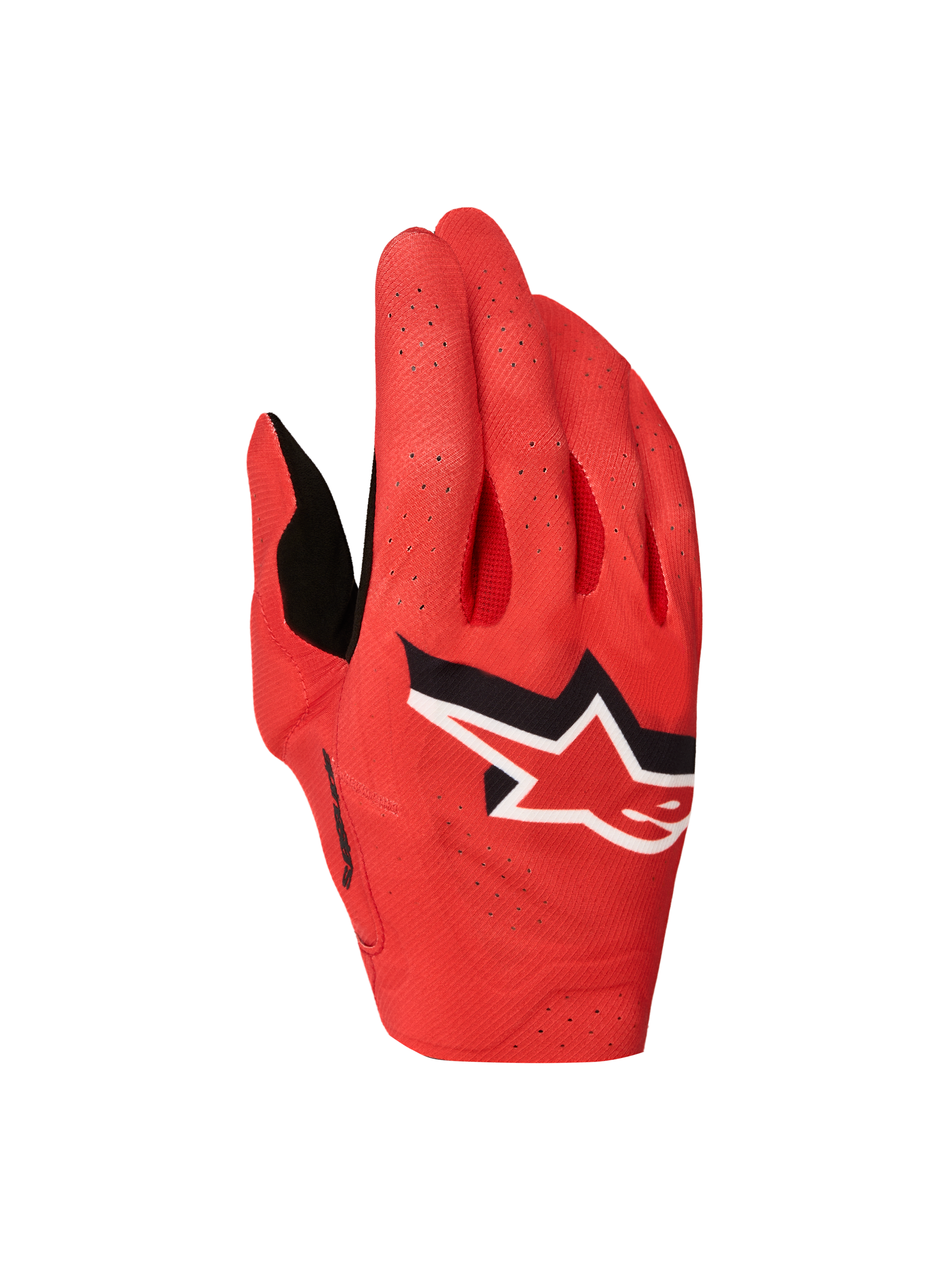 Alpinestars Guanti Supertech MX 2027, guanti da motocross racing da uomo, rosso fuoco con logo a stella bianco e nero e perforazioni laser.