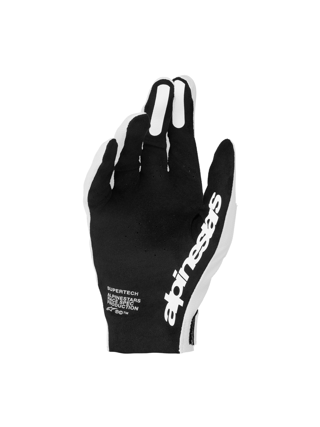 Alpinestars guanti Supertech MX, guanti da motocross neri e bianchi con palmi perforati per un controllo preciso della guida, grip in silicone e design racing leggero.