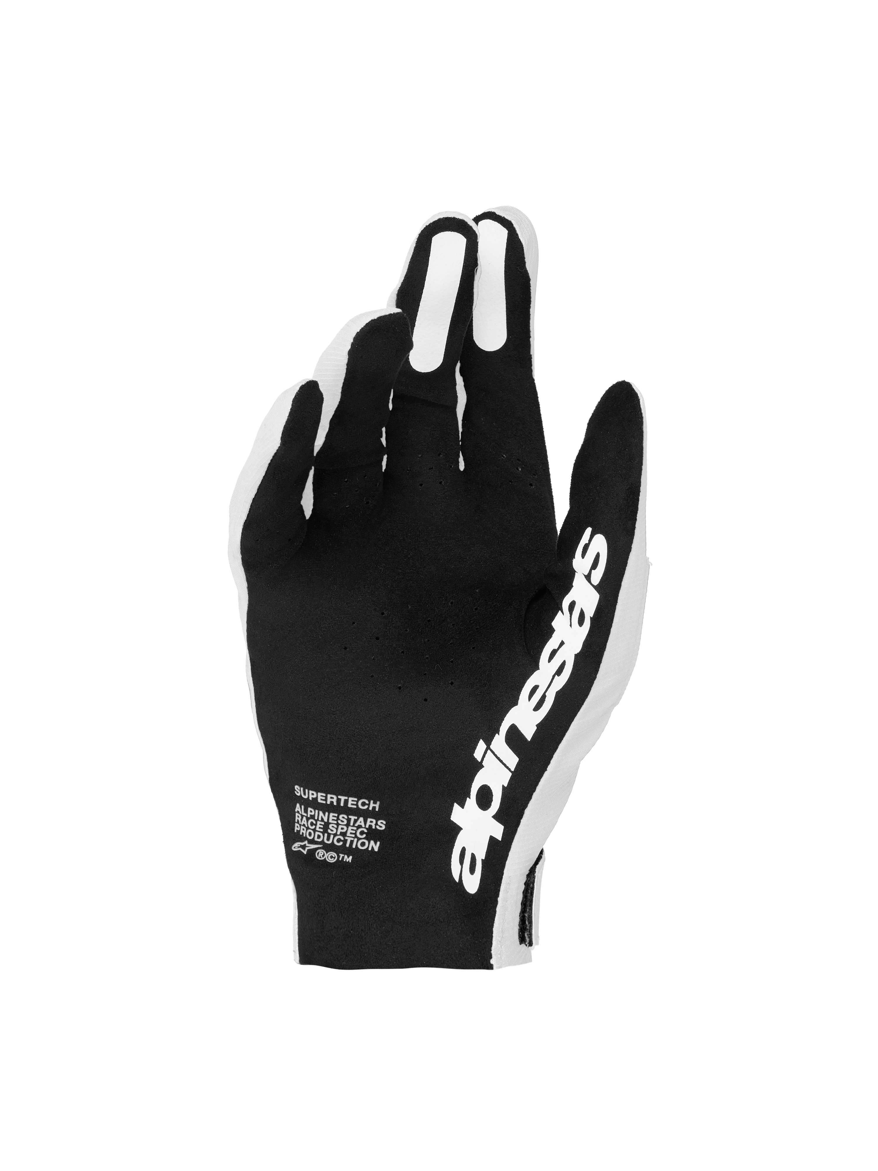 Alpinestars guanti Supertech MX, guanti da motocross neri e bianchi con palmi perforati per un controllo preciso della guida, grip in silicone e design racing leggero.