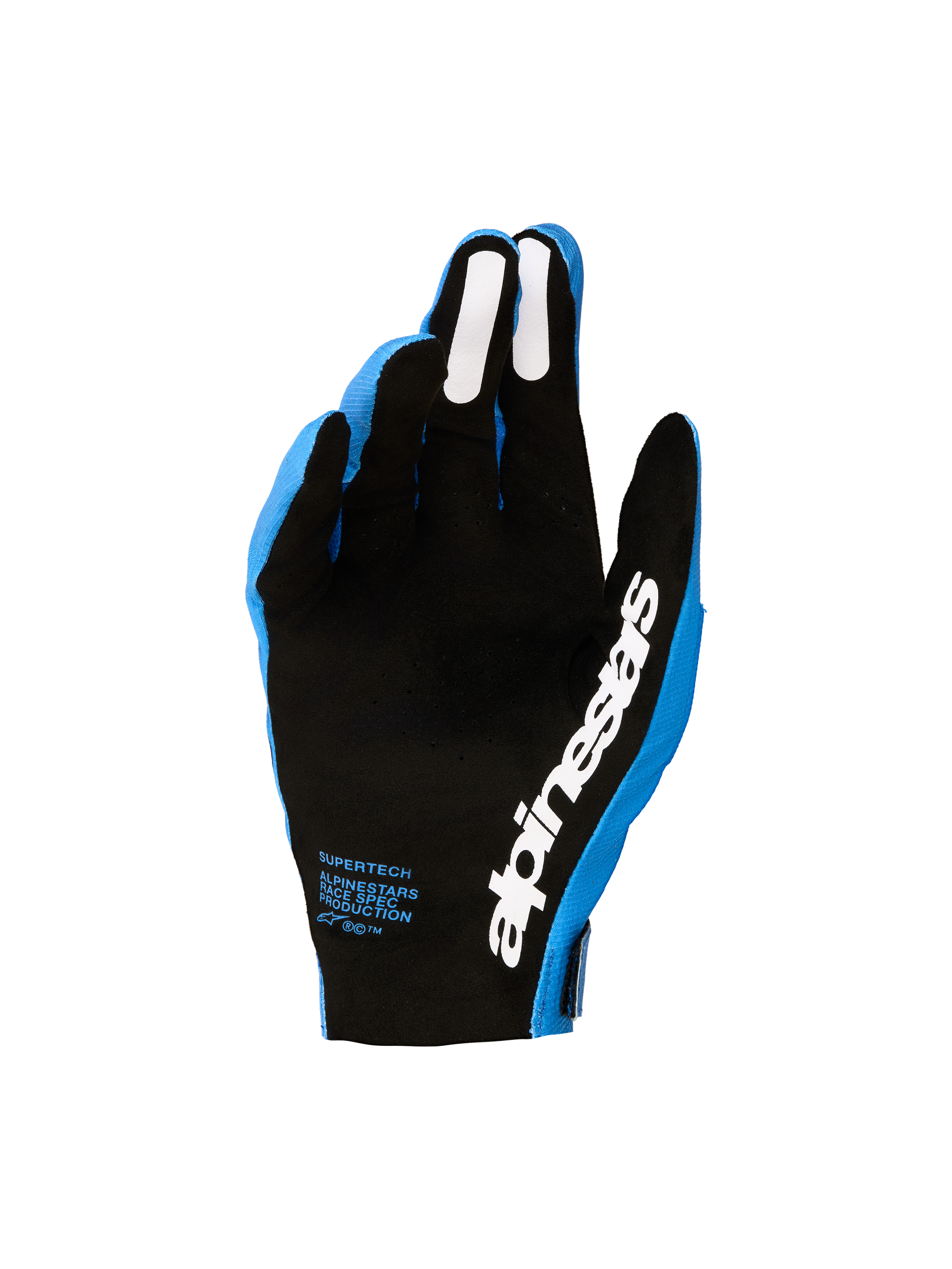 Alpinestars guanti Supertech MX 2027, guanti da motocross da uomo, blu e neri, palmo traforato con grip in silicone bianco sulle dita, logo bianco, design racing per fuoristrada