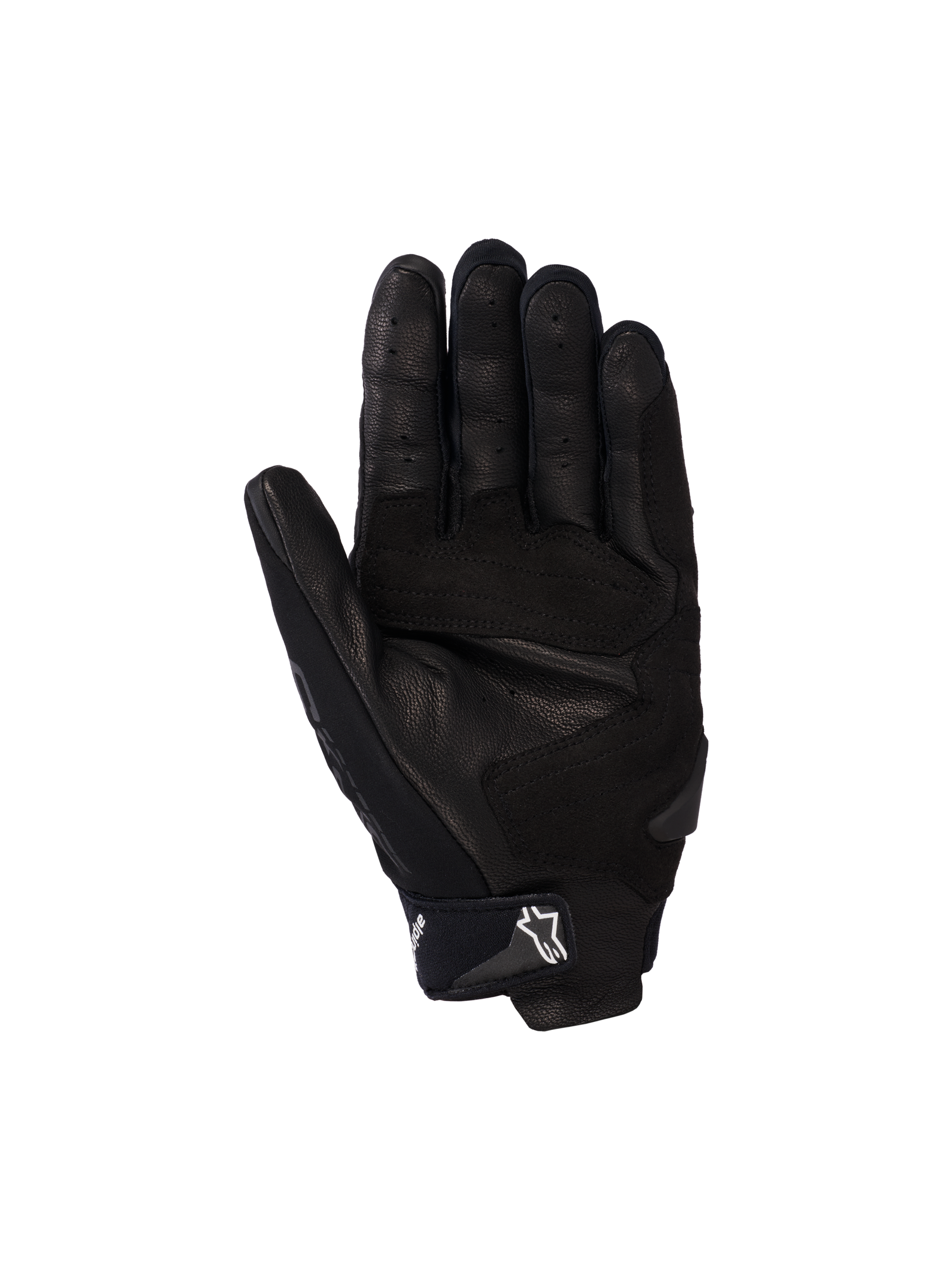 Guanti Alpinestars SP X 5 Air, guanti da moto, neri, vista del palmo con pelle traforata, slider del palmo rinforzati e cinturino regolabile sul polso con logo a stella bianco, abbigliamento protettivo sportivo