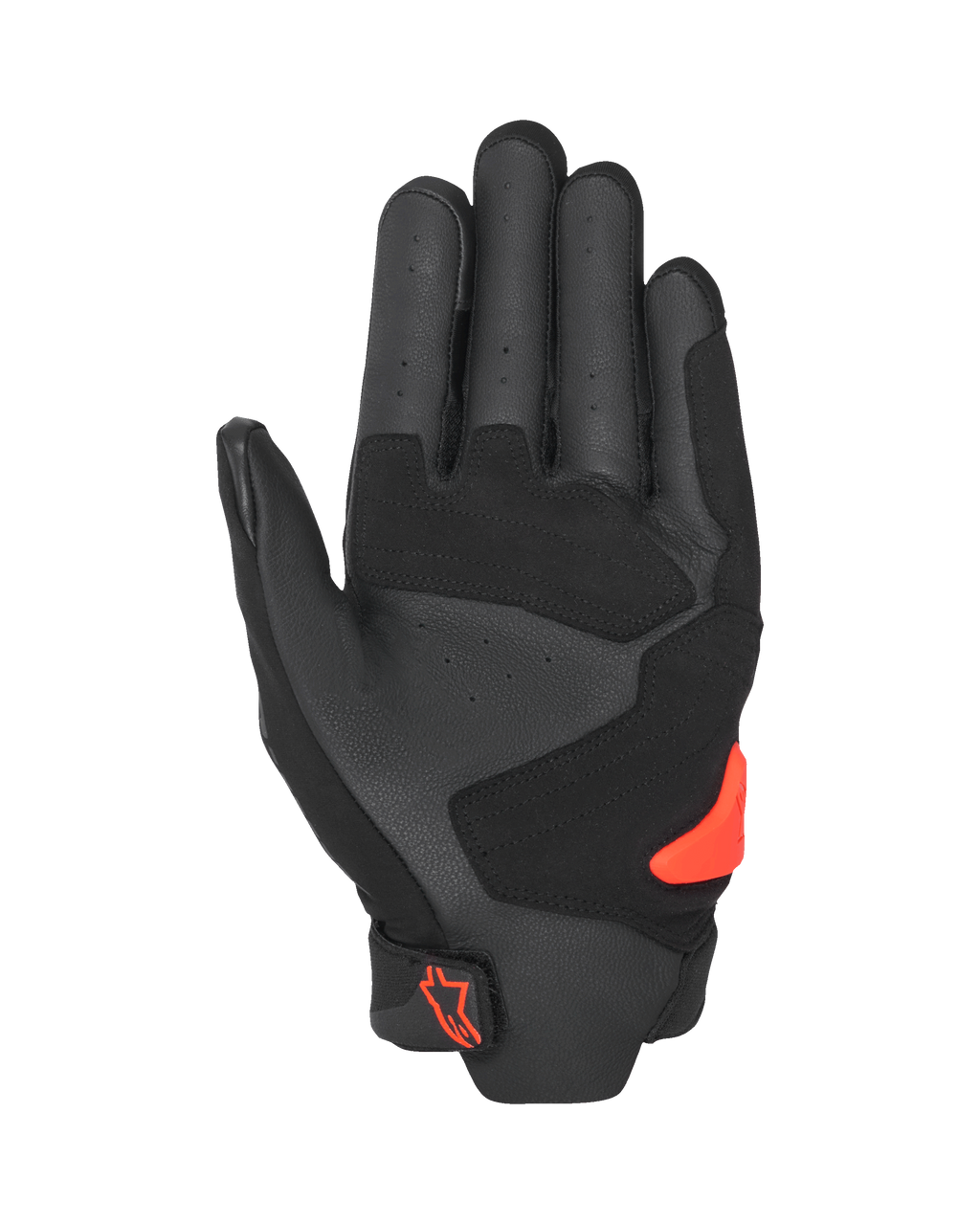 Guanti Alpinestars SP X 5 Air, vista del palmo, nero e rosso fluo, palmo in pelle traforata con pannelli rinforzati, slider del palmo in TPR rosso brillante, logo Alpinestars rosso sulla chiusura del polso, guanti sportivi da moto