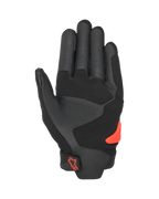 Guanti Alpinestars SP X 5 Air, vista del palmo, nero e rosso fluo, palmo in pelle traforata con pannelli rinforzati, slider del palmo in TPR rosso brillante, logo Alpinestars rosso sulla chiusura del polso, guanti sportivi da moto