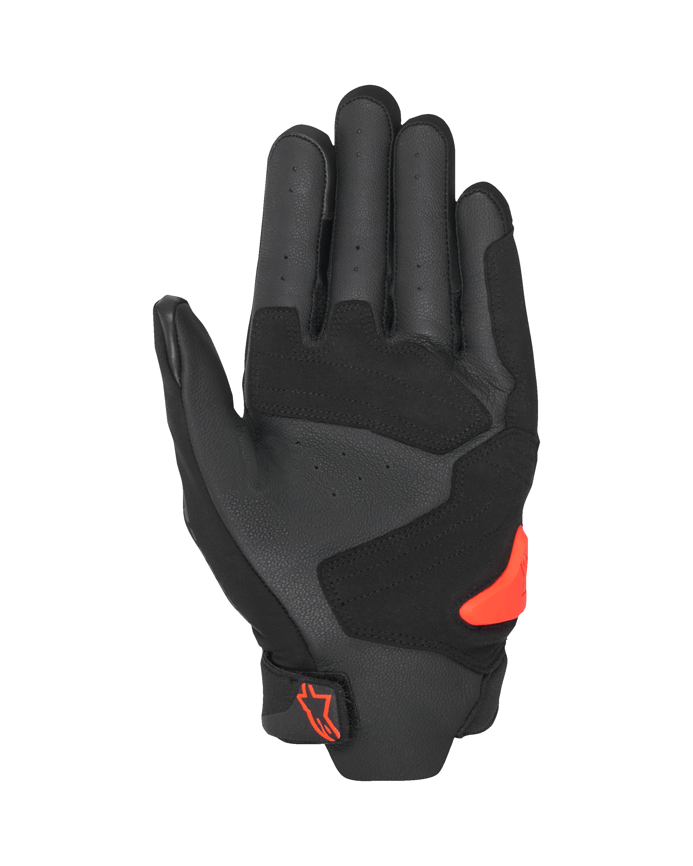 Guanti Alpinestars SP X 5 Air, vista del palmo, nero e rosso fluo, palmo in pelle traforata con pannelli rinforzati, slider del palmo in TPR rosso brillante, logo Alpinestars rosso sulla chiusura del polso, guanti sportivi da moto