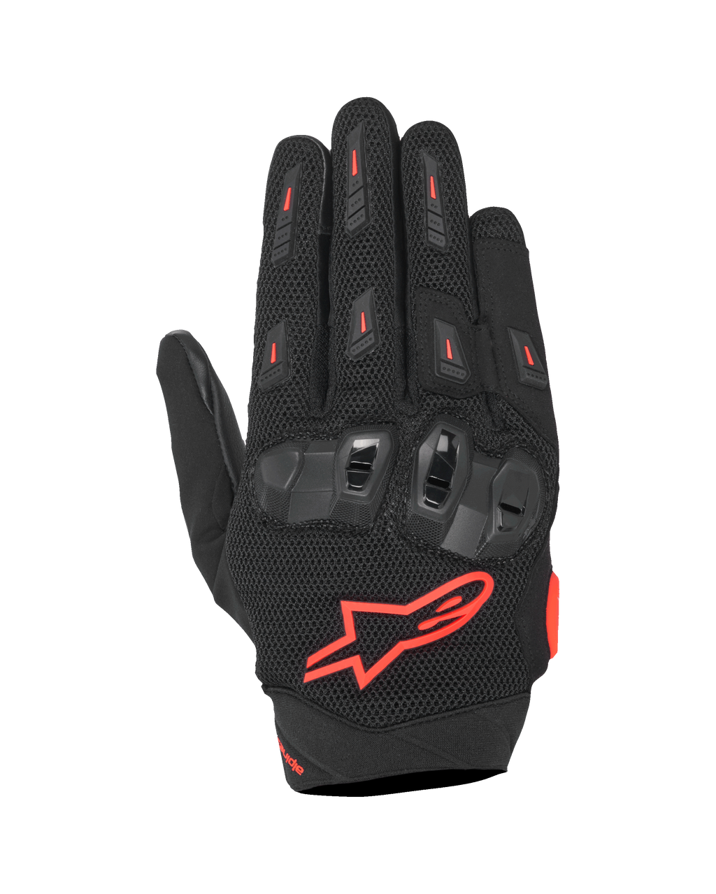 Guanti Alpinestars SP X 5 Air, guanti da moto sportivi, nero e rosso fluo, con dorso in mesh 3D elasticizzato, protezione nocche in TPU a doppia densità, logo a stella Alpinestars rosso, design traforato traspirante per guida sportiva estiva