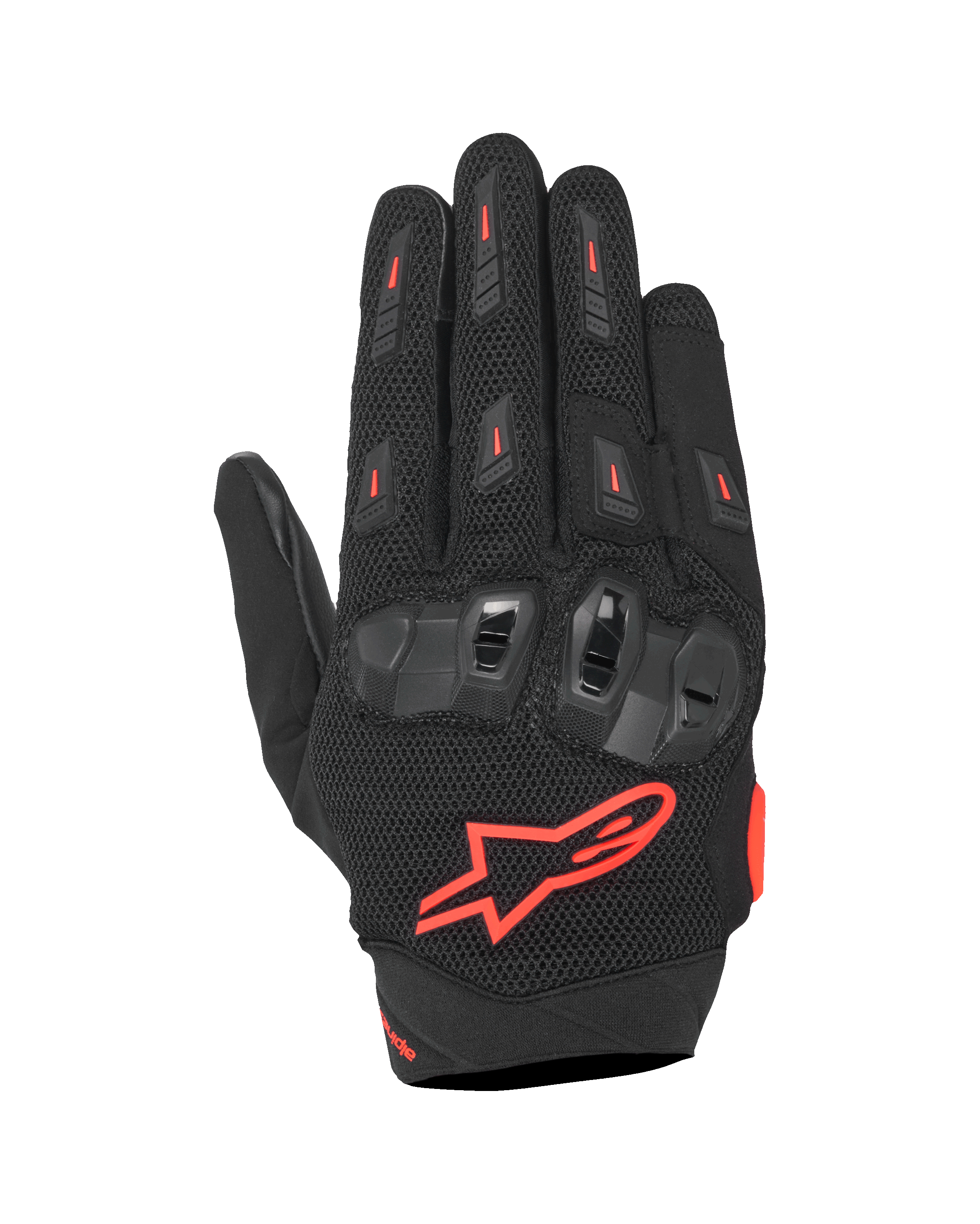 Guanti Alpinestars SP X 5 Air, guanti da moto sportivi, nero e rosso fluo, con dorso in mesh 3D elasticizzato, protezione nocche in TPU a doppia densità, logo a stella Alpinestars rosso, design traforato traspirante per guida sportiva estiva
