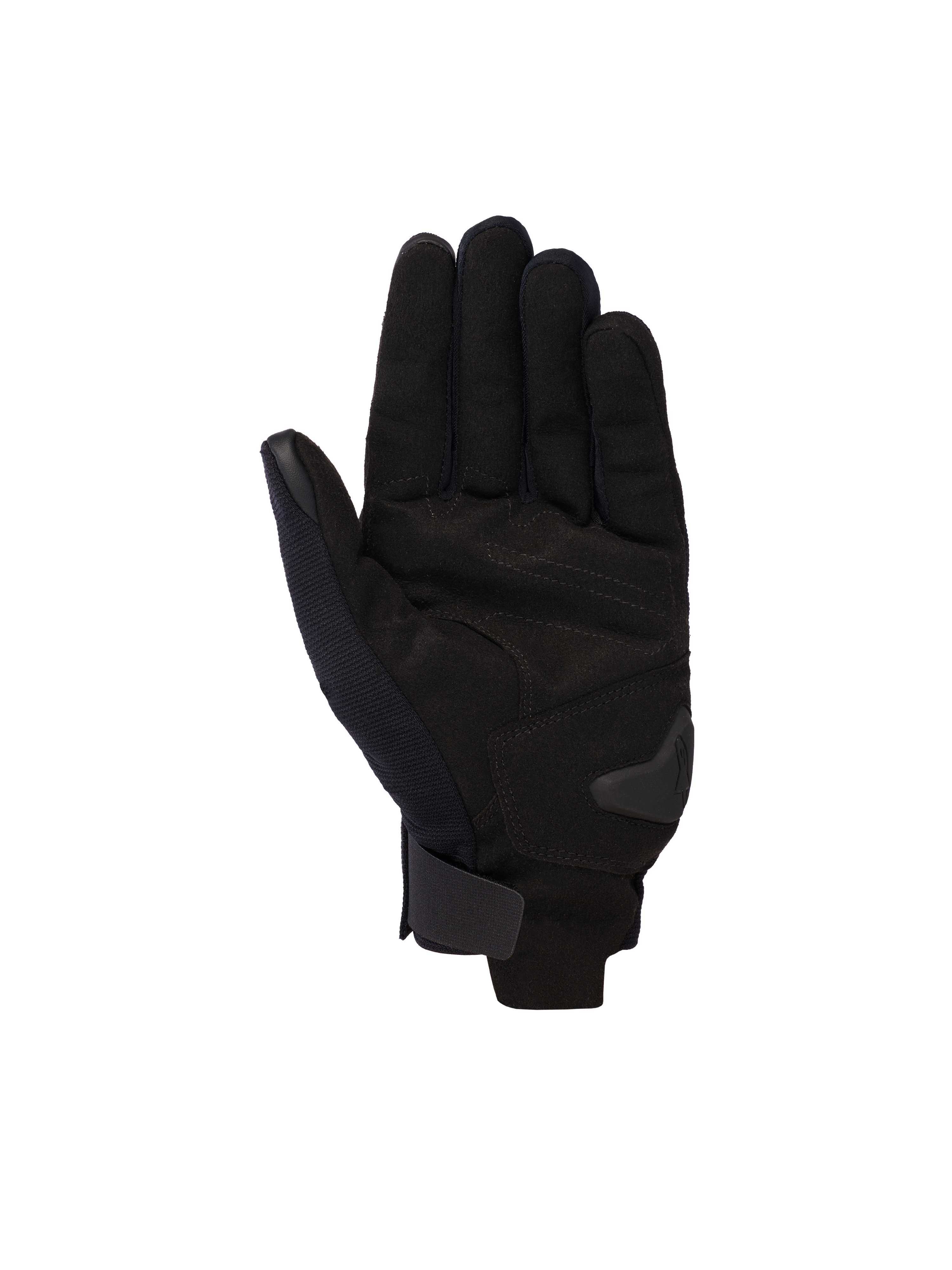 Guanti Alpinestars Reef V2, nero, guanti da moto a polsino corto, vista del palmo in pelle scamosciata sintetica, imbottitura rinforzata e chiusura del polso con gancio e anello, design urbano moderno per guida su strada