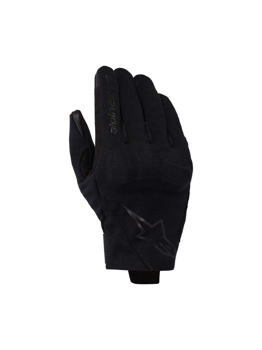 Guanti Alpinestars Reef V2, neri, guanti da moto a polsino corto in tessuto elasticizzato testurizzato, design ergonomico con logo sull'indice e stemma a stella sul dorso della mano