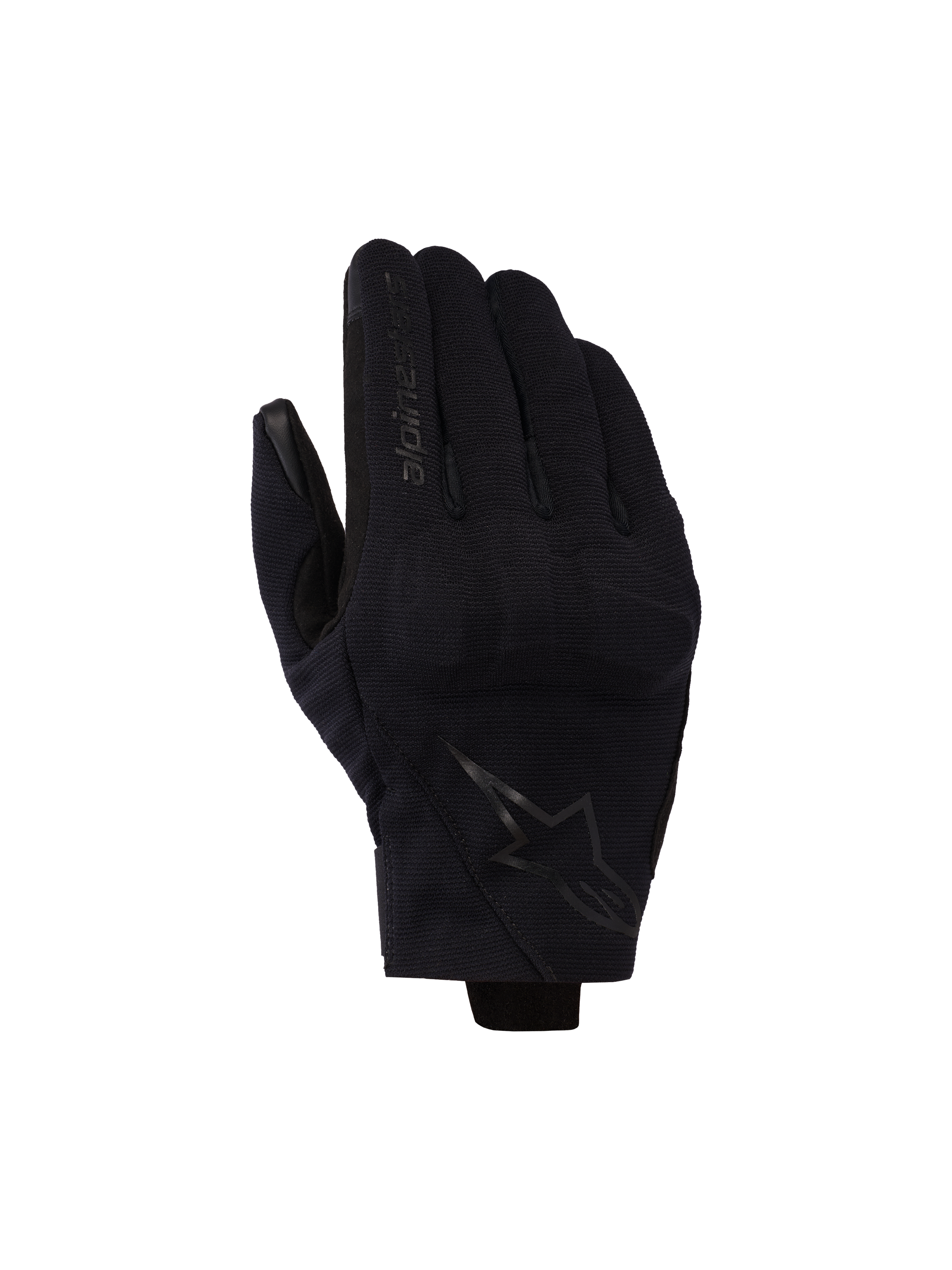 Guanti Alpinestars Reef V2, neri, guanti da moto a polsino corto in tessuto elasticizzato testurizzato, design ergonomico con logo sull'indice e stemma a stella sul dorso della mano