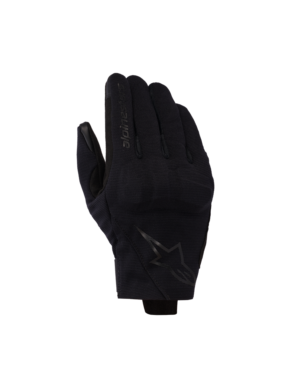 Guanti Alpinestars Reef V2, neri, guanti da moto a polsino corto in tessuto elasticizzato testurizzato, design ergonomico con logo sull'indice e stemma a stella sul dorso della mano