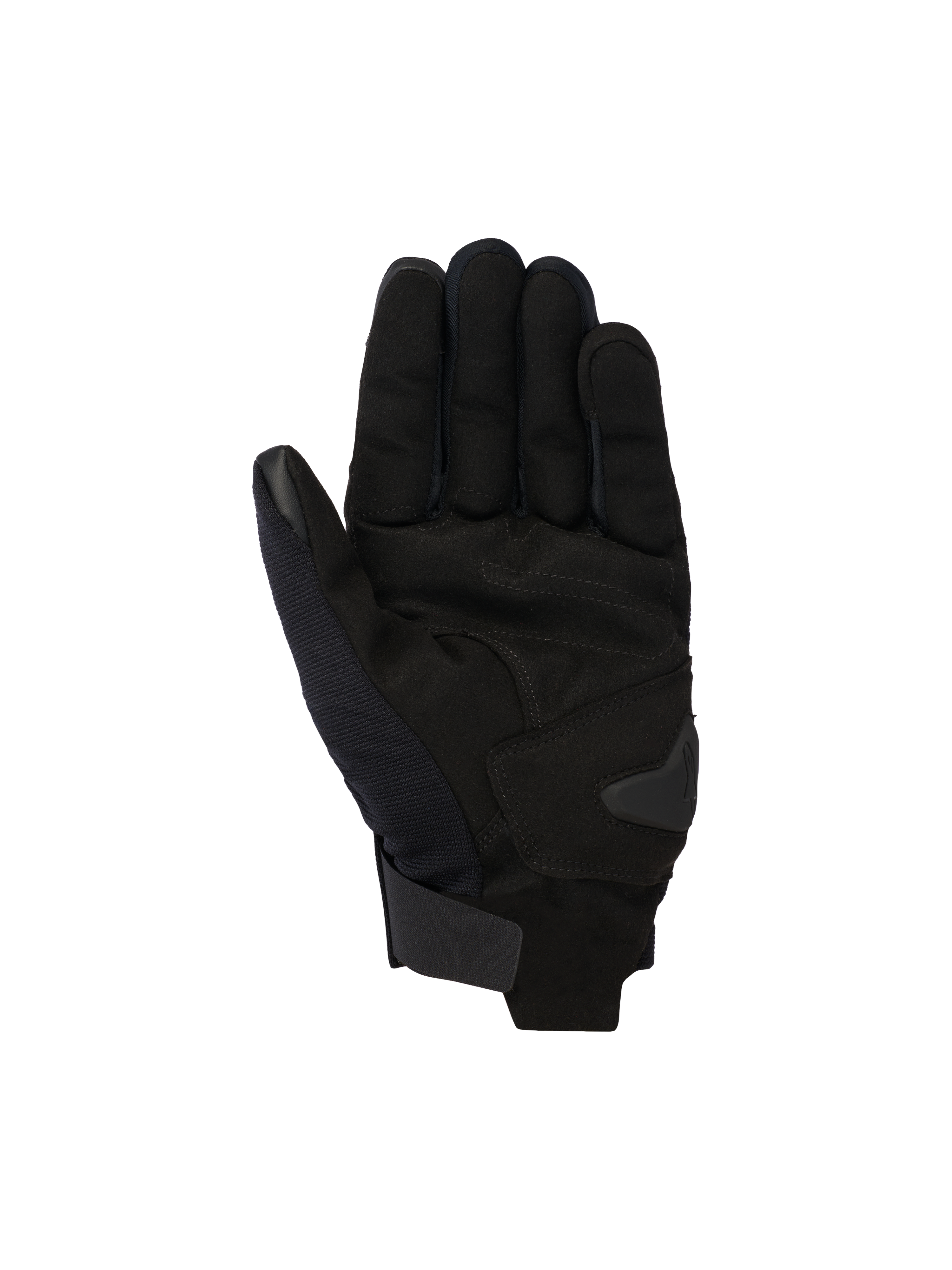 Guanti Alpinestars Reef V2, guanti da moto urban neri, vista del palmo con costruzione in camoscio sintetico e imbottitura rinforzata, polsino corto con chiusura a strappo, indice e pollice compatibili con touchscreen, design ergonomico per la guida su strada