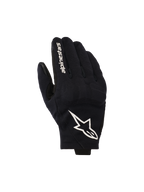 Guanti Alpinestars Reef V2, guanti da moto neri e bianchi, caratterizzati da un dorso in tessuto elasticizzato testurizzato con un vistoso logo a stella bianco e scritta del marchio sull'indice, design urbano a polsino corto