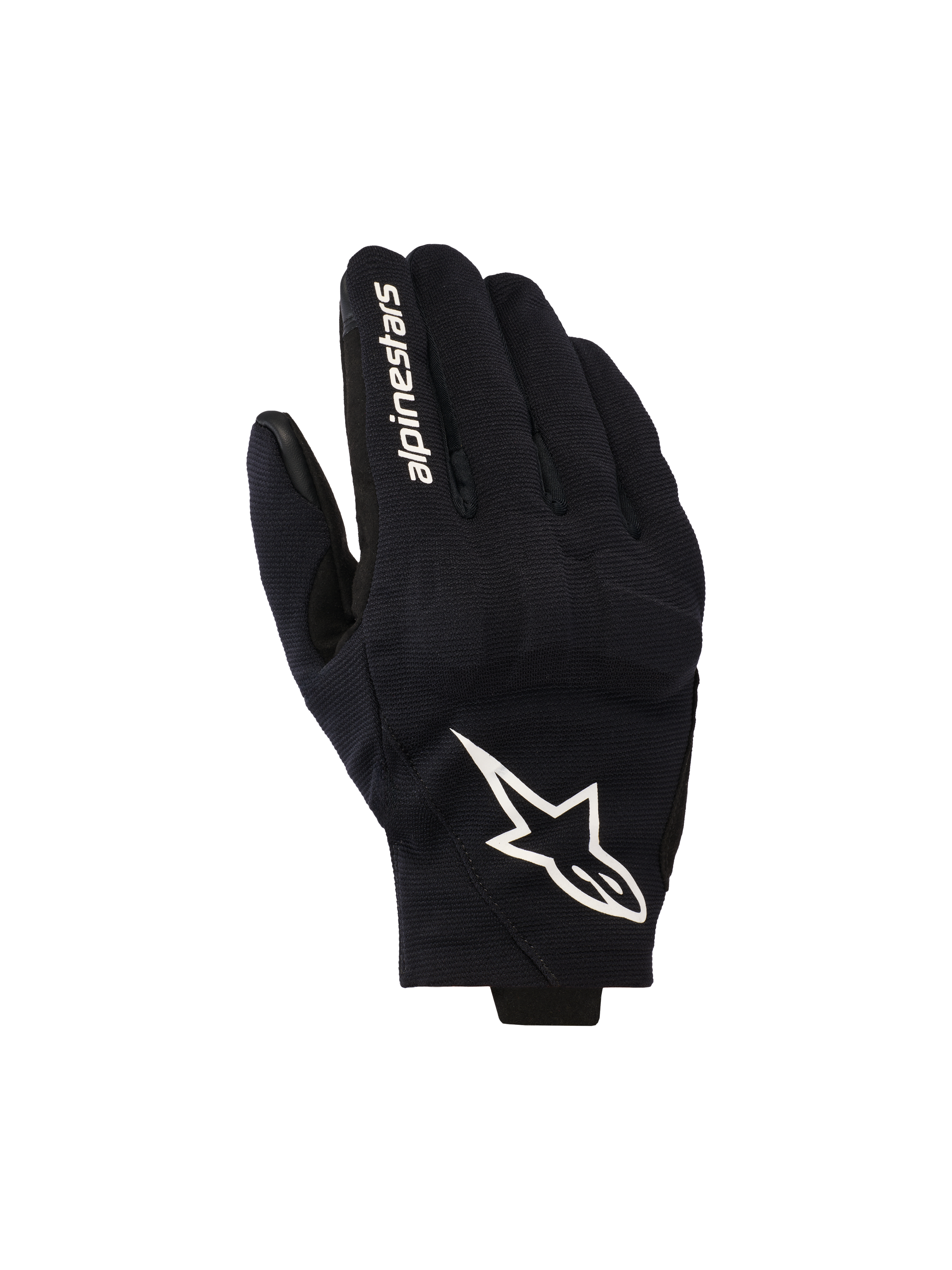 Guanti Alpinestars Reef V2, guanti da moto neri e bianchi, caratterizzati da un dorso in tessuto elasticizzato testurizzato con un vistoso logo a stella bianco e scritta del marchio sull'indice, design urbano a polsino corto