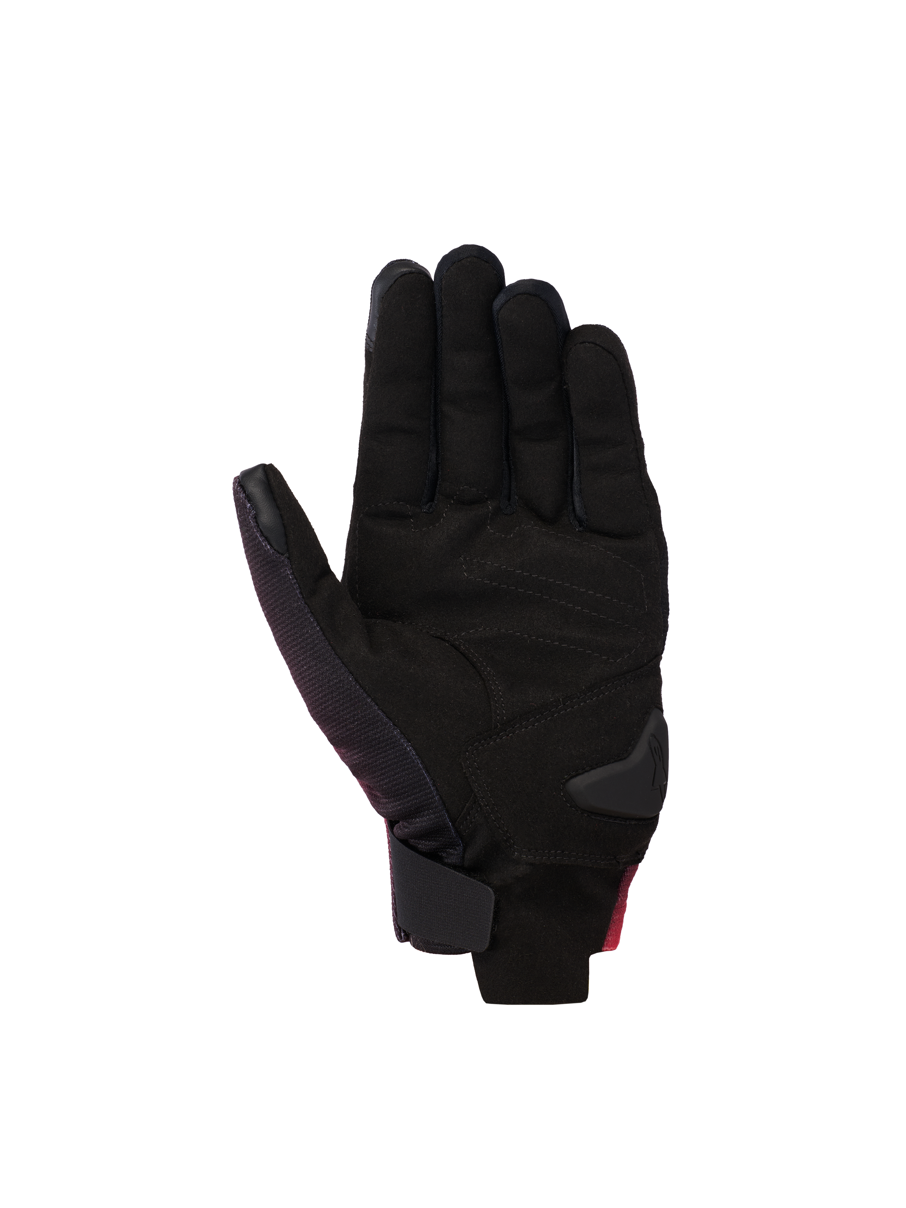 Guanti Alpinestars Reef V2, guanti da moto, nero rosso fluo bianco, vista del palmo in pelle scamosciata sintetica con rinforzi imbottiti, design a polsino corto con chiusura del polso a gancio e anello