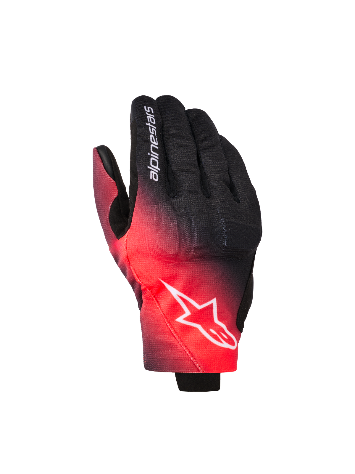 Guanti Alpinestars Reef V2, guanti da moto, nero e rosso fluo, con sfumatura di colore, logo Alpinestars a stella bianco sul dorso e scritta sul dito, stile urban road