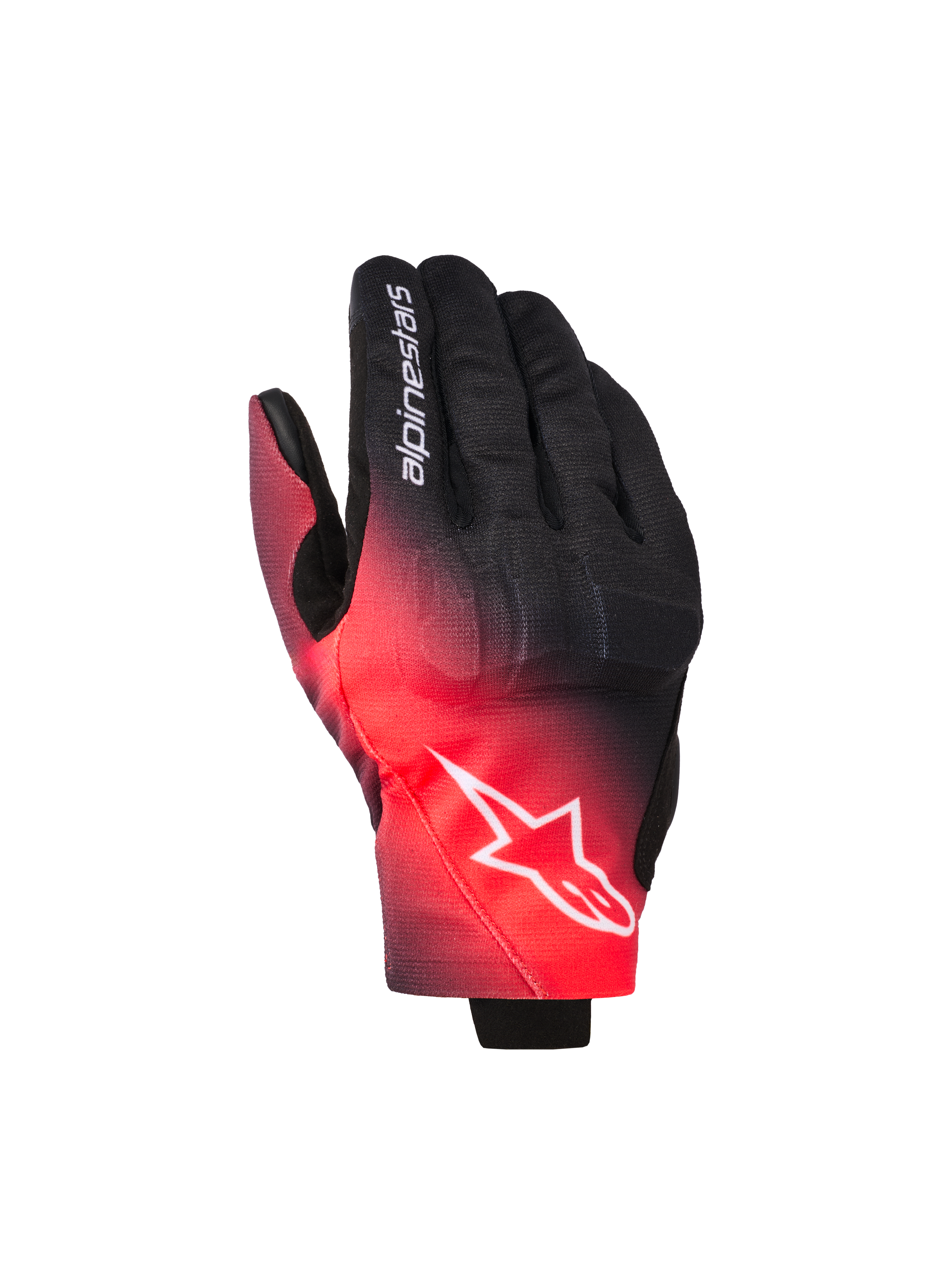 Guanti Alpinestars Reef V2, guanti da moto, nero e rosso fluo, con sfumatura di colore, logo Alpinestars a stella bianco sul dorso e scritta sul dito, stile urban road