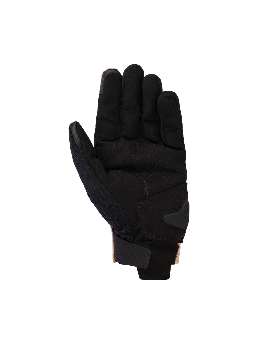 Guanti Alpinestars Reef V2 2025, guanti da moto, Sand Black, vista del lato palmo che mostra il palmo in pelle scamosciata sintetica con rinforzo imbottito, polsino corto con chiusura a strappo e punte delle dita compatibili con touchscreen