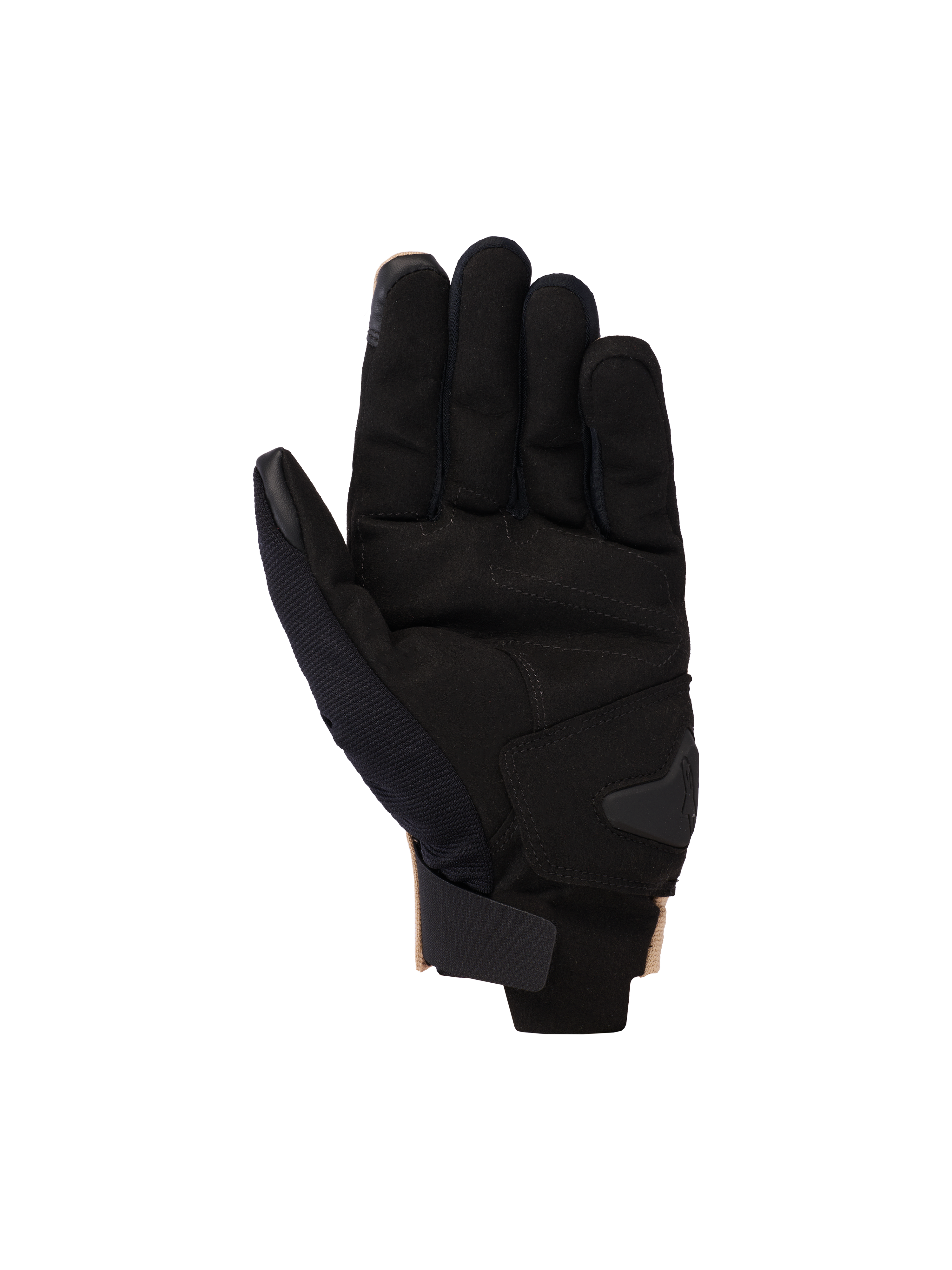 Guanti Alpinestars Reef V2 2025, guanti da moto, Sand Black, vista del lato palmo che mostra il palmo in pelle scamosciata sintetica con rinforzo imbottito, polsino corto con chiusura a strappo e punte delle dita compatibili con touchscreen