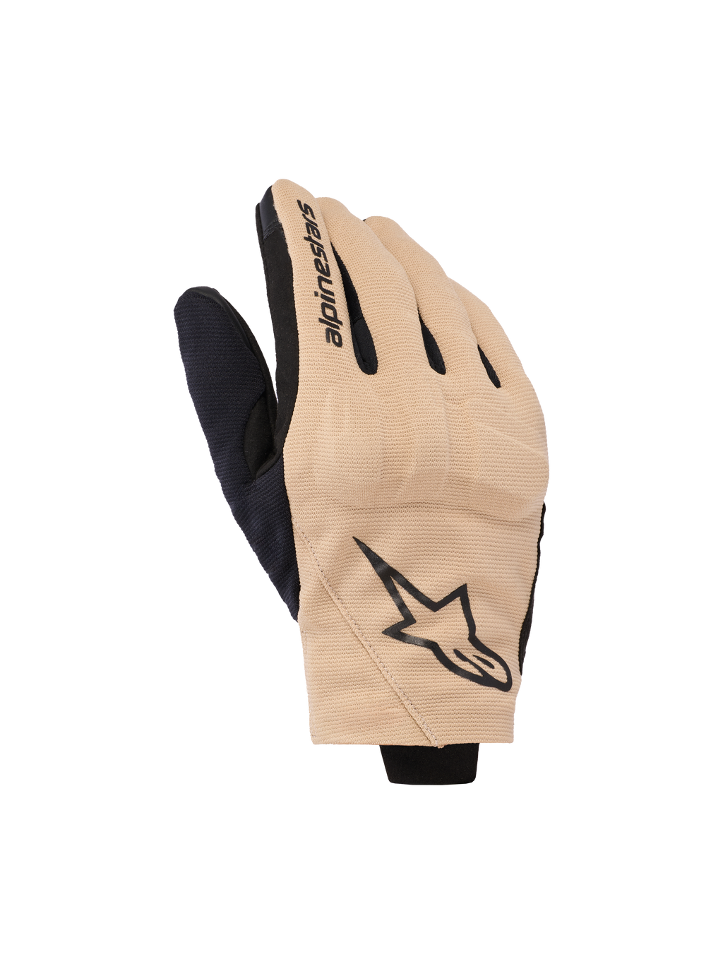 Guanti Alpinestars Reef V2, guanti da moto, color sabbia e nero, design urbano a polsino corto in tessuto elasticizzato ventilato, logo a stella nero sul dorso e scritta Alpinestars sull'indice, moderno abbigliamento da strada