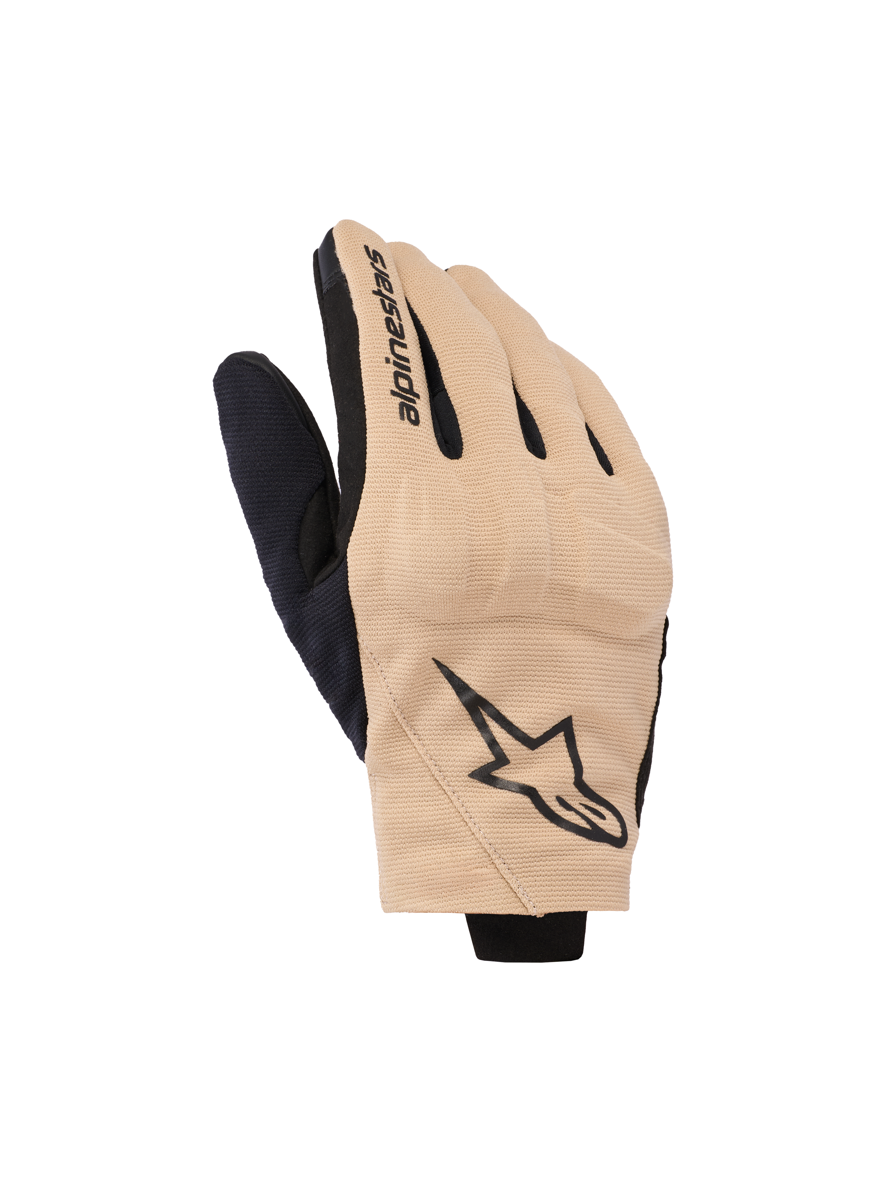 Guanti Alpinestars Reef V2, guanti da moto, color sabbia e nero, design urbano a polsino corto in tessuto elasticizzato ventilato, logo a stella nero sul dorso e scritta Alpinestars sull'indice, moderno abbigliamento da strada
