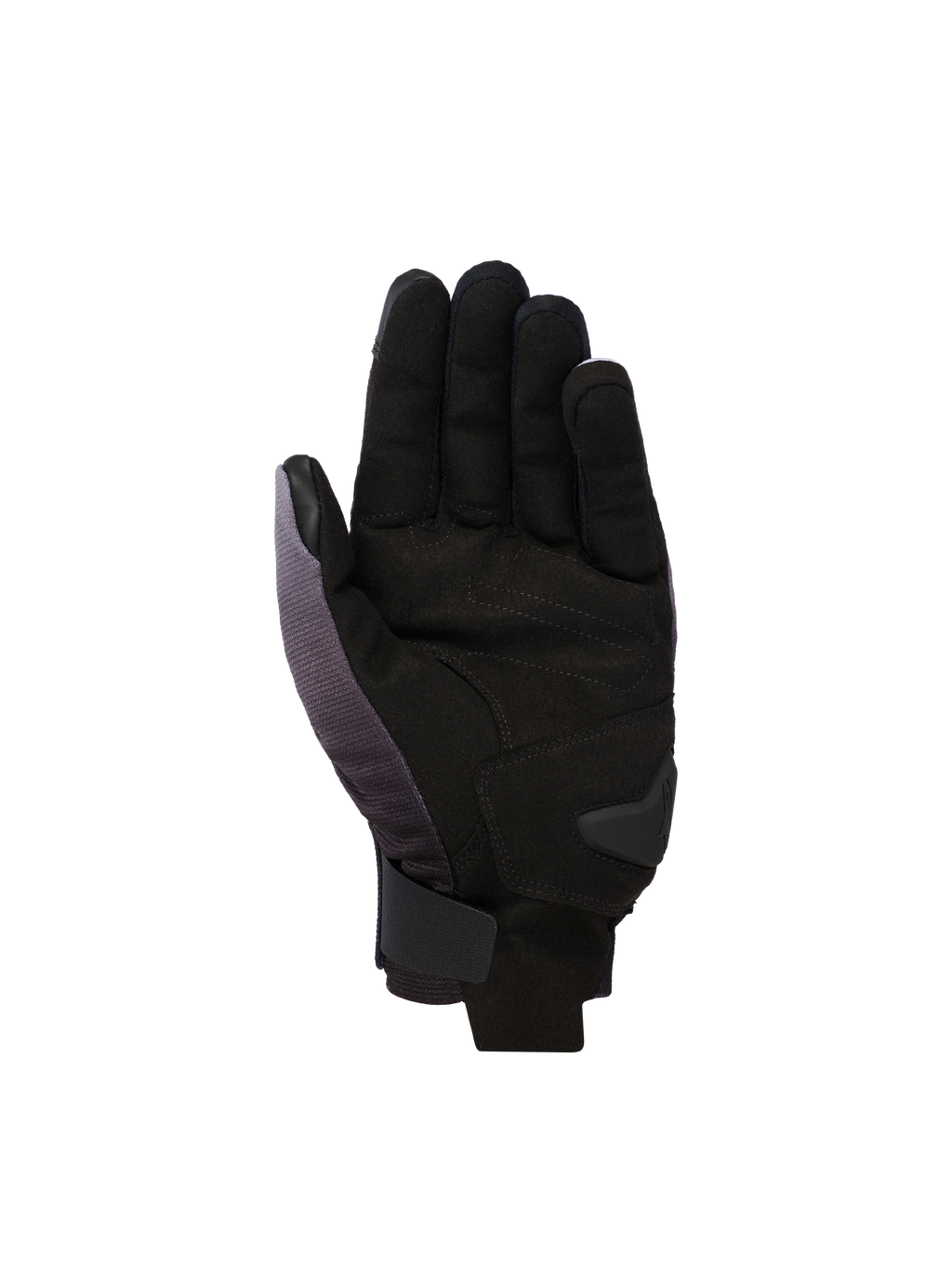 Guanti Alpinestars Reef V2, guanti da moto a polsino corto, grigio medio, nero e bianco, vista del palmo in camoscio sintetico con rinforzo imbottito e chiusura sicura a strappo sul polso.