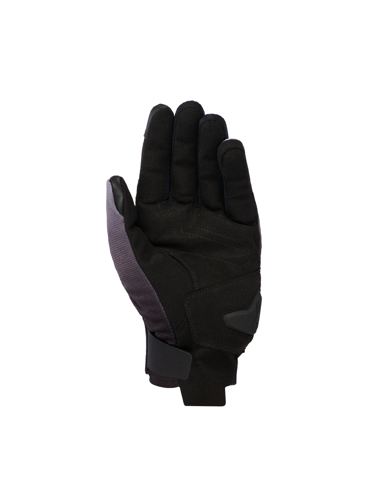 Guanti Alpinestars Reef V2, guanti da moto a polsino corto, grigio medio, nero e bianco, vista del palmo in camoscio sintetico con rinforzo imbottito e chiusura sicura a strappo sul polso.