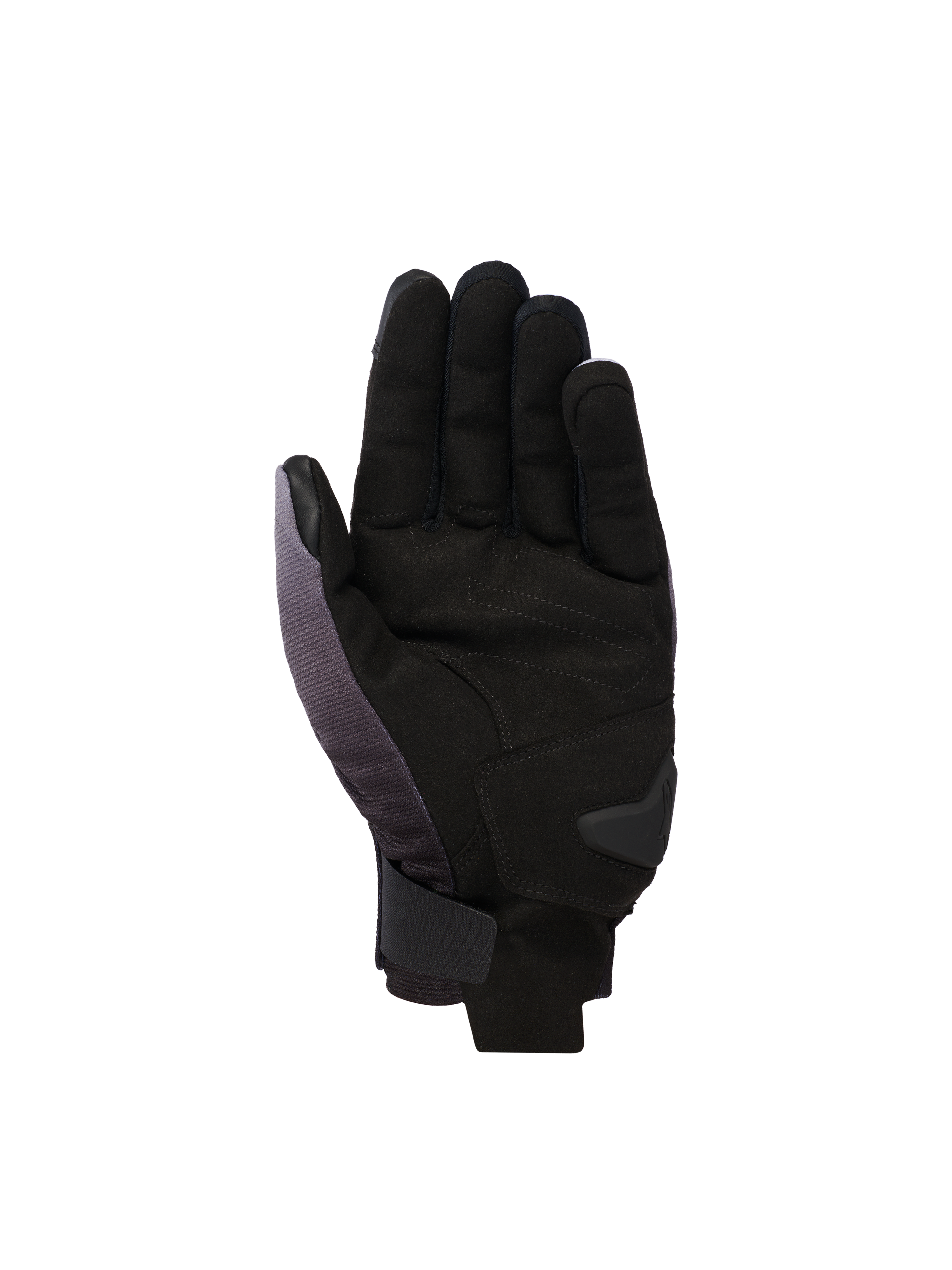 Guanti Alpinestars Reef V2, guanti da moto a polsino corto, grigio medio, nero e bianco, vista del palmo in camoscio sintetico con rinforzo imbottito e chiusura sicura a strappo sul polso.