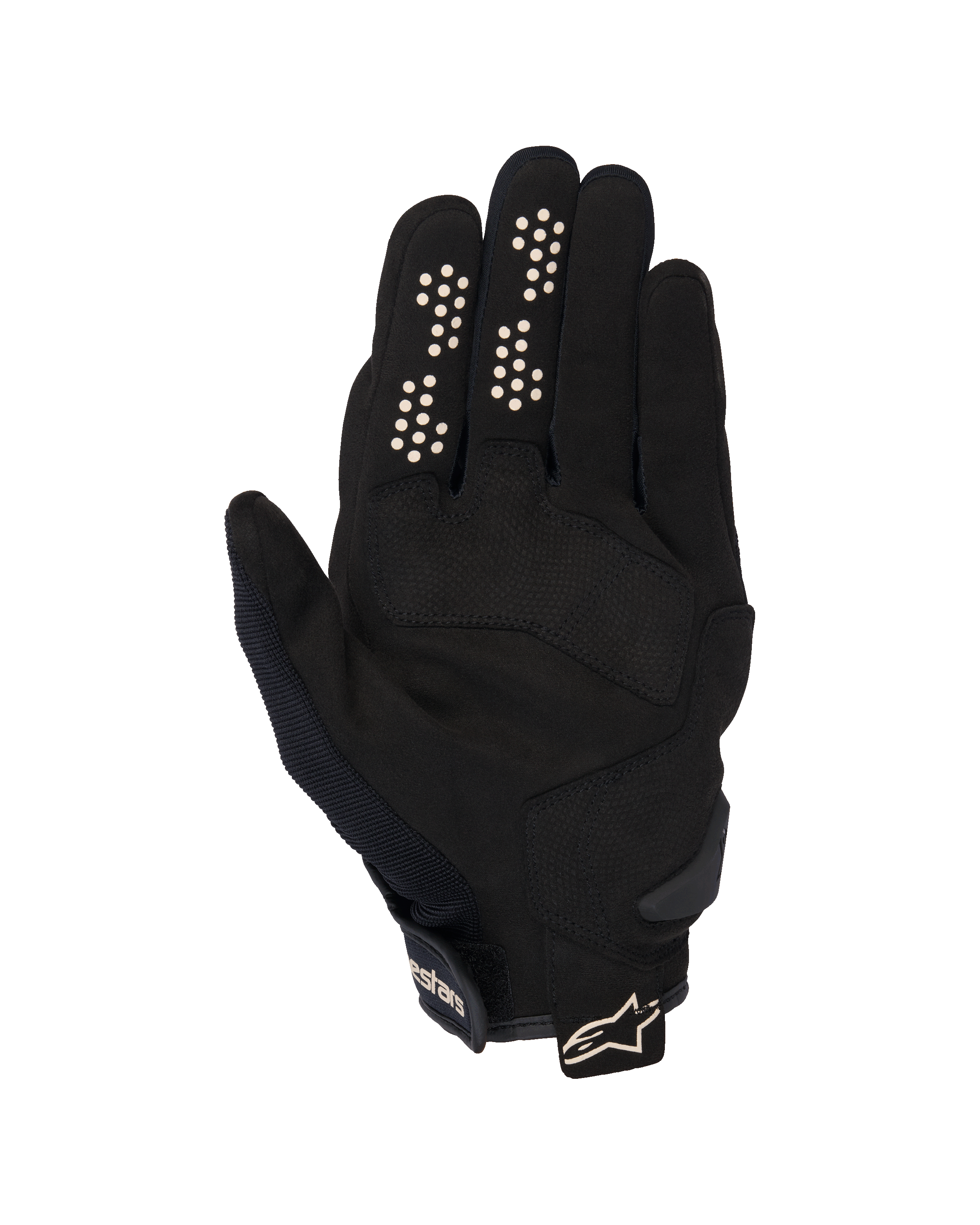 Guanti Alpinestars Chrome V2, guanti da moto urban, nero e mandorla, vista lato palmo con palmo in pelle scamosciata sintetica, punti di presa in silicone su indice e medio e polsino corto con cinturino regolabile e logo.