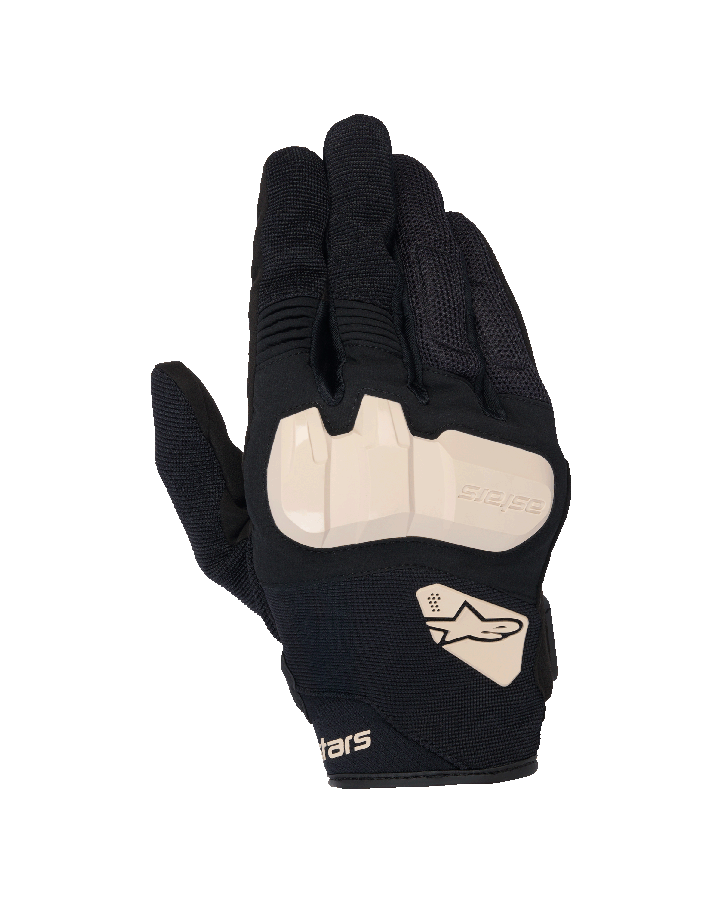 Guanti Alpinestars Chrome V2, guanti da moto, nero con accenti Almond, vista dall'alto che mostra la protezione delle nocche in TPU, costruzione in mesh e tessuto elasticizzato, pannelli a fisarmonica sulle dita