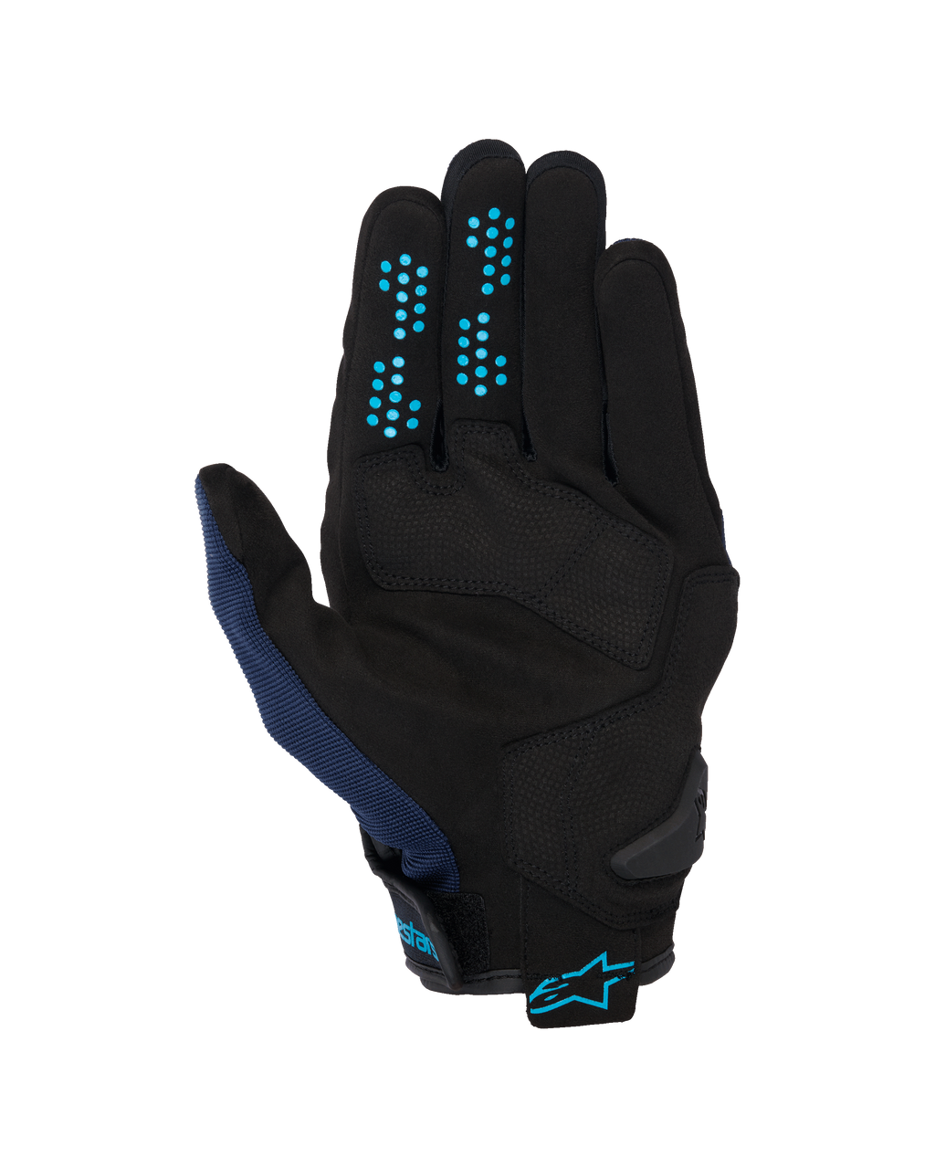 Guanti Alpinestars Chrome V2, Dark Blue Hawaiian Ocean, vista del palmo, costruzione in pelle scamosciata sintetica nera con puntini grip in silicone blu sulle dita, mesh traspirante sul pollice e polsino regolabile con logo Alpinestars blu.