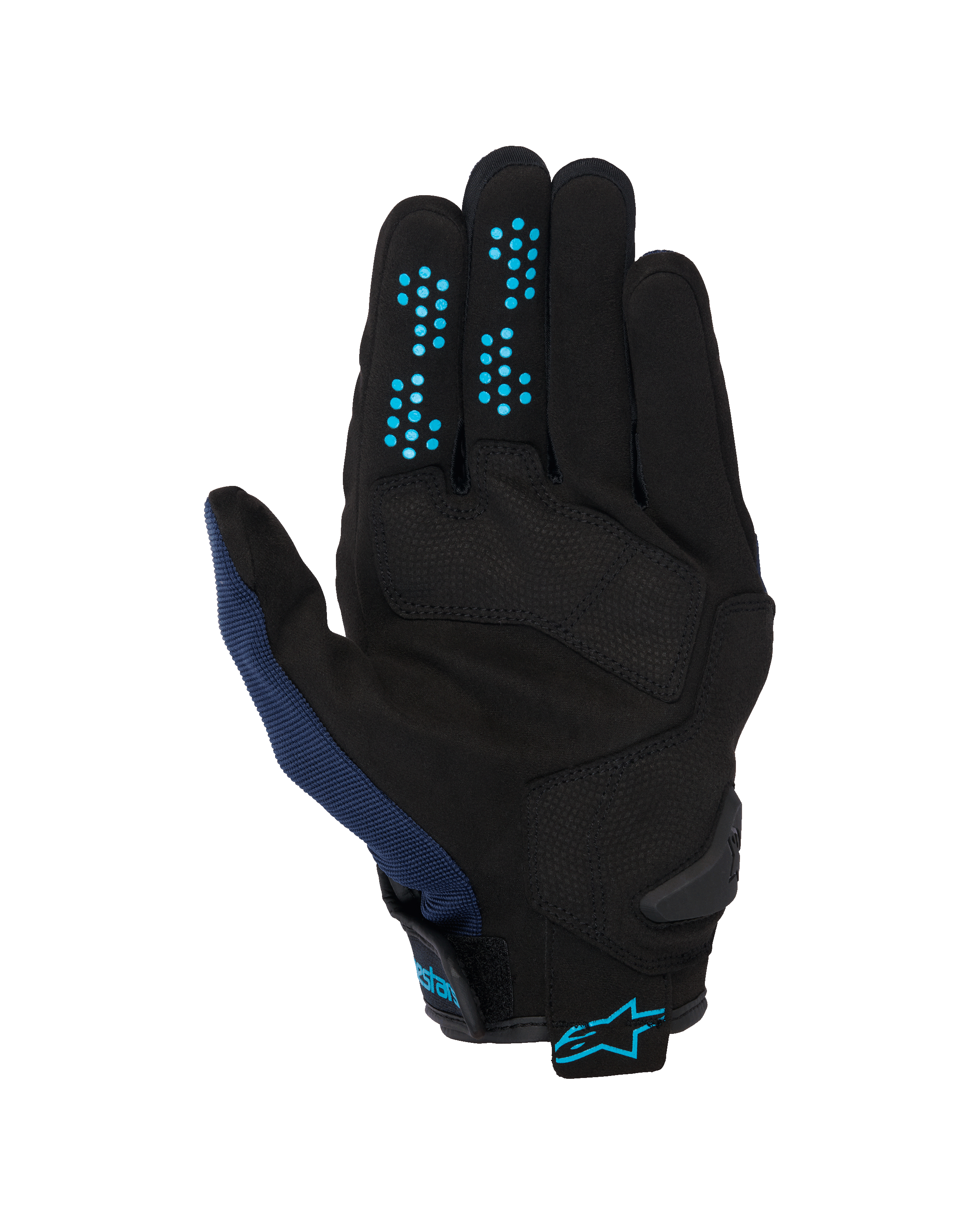 Guanti Alpinestars Chrome V2, Dark Blue Hawaiian Ocean, vista del palmo, costruzione in pelle scamosciata sintetica nera con puntini grip in silicone blu sulle dita, mesh traspirante sul pollice e polsino regolabile con logo Alpinestars blu.
