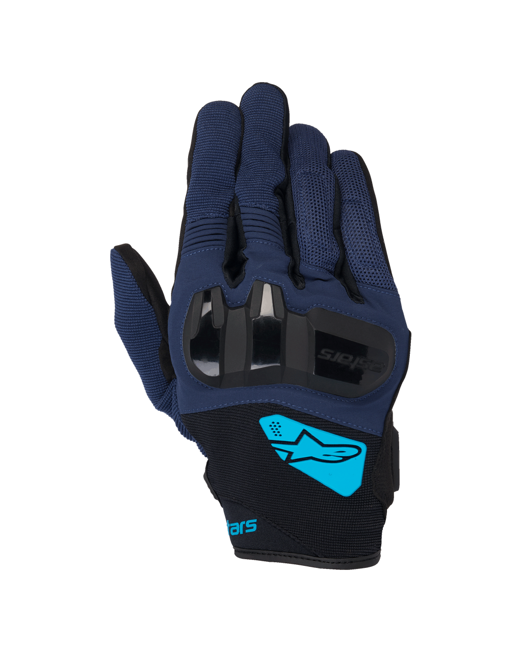 Guanti Alpinestars Chrome V2, guanti da moto, blu scuro e nero, con protezione nocche rigida in TPU, logo Alpinestars ciano brillante sul polso, abbigliamento urbano a polsino corto