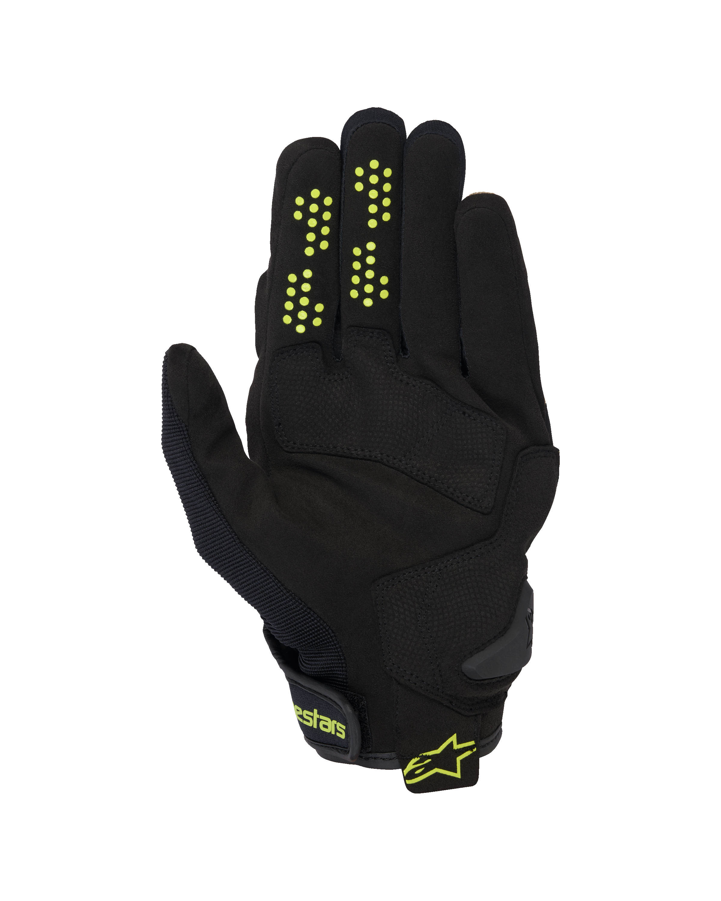 Guanti Alpinestars Chrome V2, guanti da moto a polsino corto, nero con dettagli giallo neon, vista del palmo in pelle scamosciata sintetica, punti di presa in silicone sulle dita e chiusura del polsino a strappo con logo Alpinestars