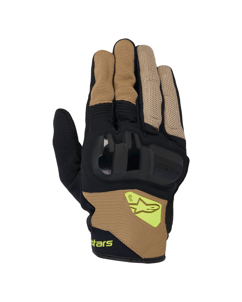 Guanti Alpinestars Chrome V2, guanti da moto a polsino corto, kaki scuro e nero, con protezione rigida per le nocche, pannelli in mesh traspirante e logo Alpinestars giallo fluorescente, abbigliamento per la guida urbana su strada