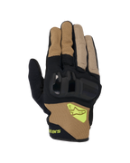 Guanti Alpinestars Chrome V2, guanti da moto a polsino corto, kaki scuro e nero, con protezione rigida per le nocche, pannelli in mesh traspirante e logo Alpinestars giallo fluorescente, abbigliamento per la guida urbana su strada