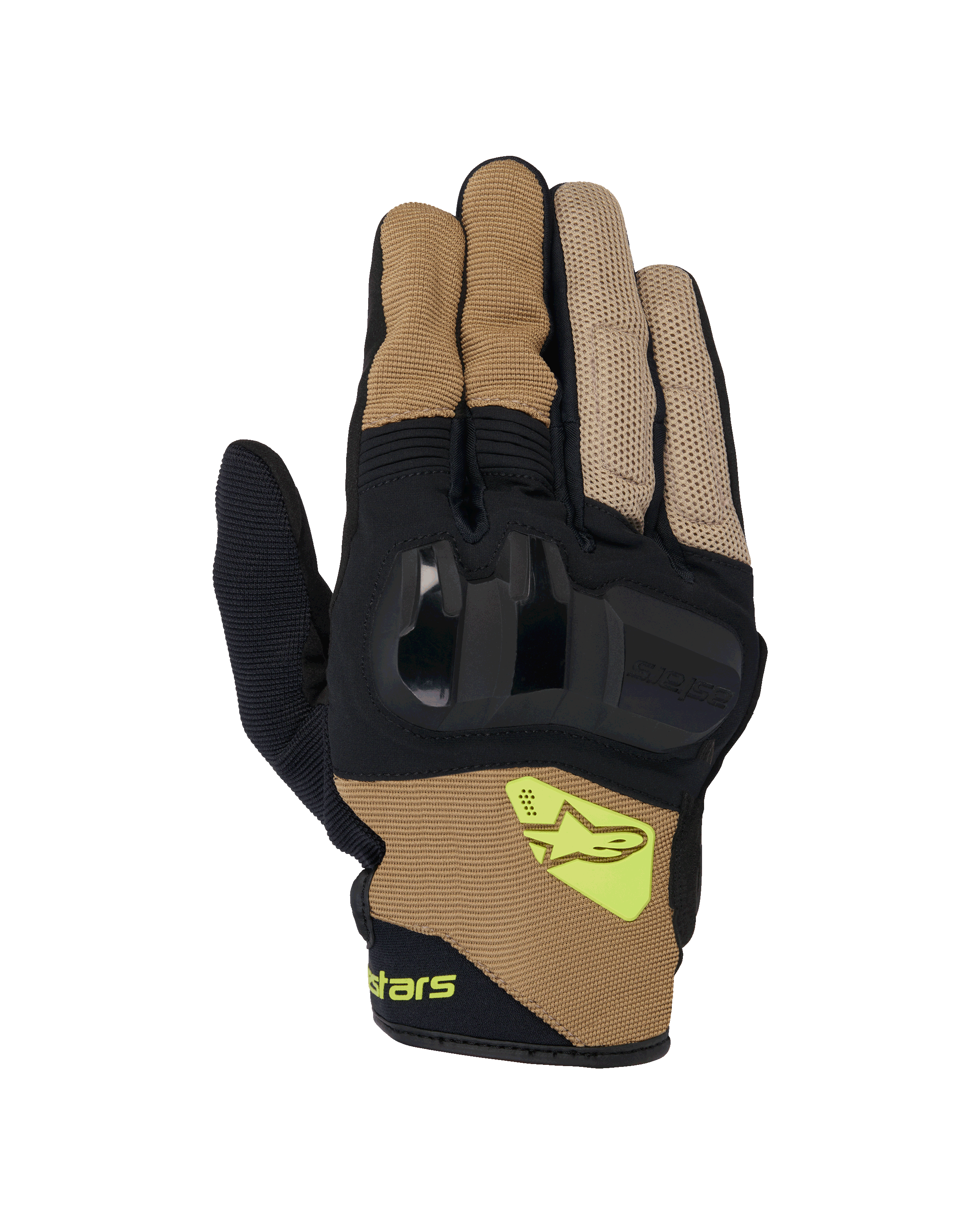 Guanti Alpinestars Chrome V2, guanti da moto a polsino corto, kaki scuro e nero, con protezione rigida per le nocche, pannelli in mesh traspirante e logo Alpinestars giallo fluorescente, abbigliamento per la guida urbana su strada