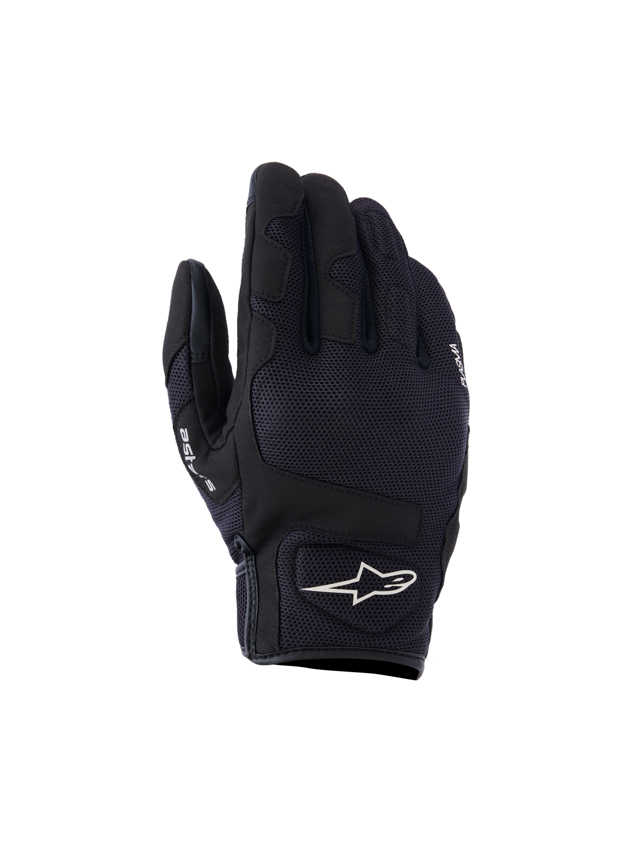 Alpinestars Ignite Gloves, guanti da moto neri con pannelli in mesh traspirante, protezioni rinforzate sulle nocche e dita, logo bianco sul polso, design aerodinamico per motociclismo