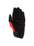 Guanti Alpinestars Ignite, vista del palmo, nero e rosso tangerine, palmo in pelle scamosciata sintetica con cuciture rosse a contrasto, pannello laterale in mesh, polsino corto con chiusura a strappo, abbigliamento da moto urbano
