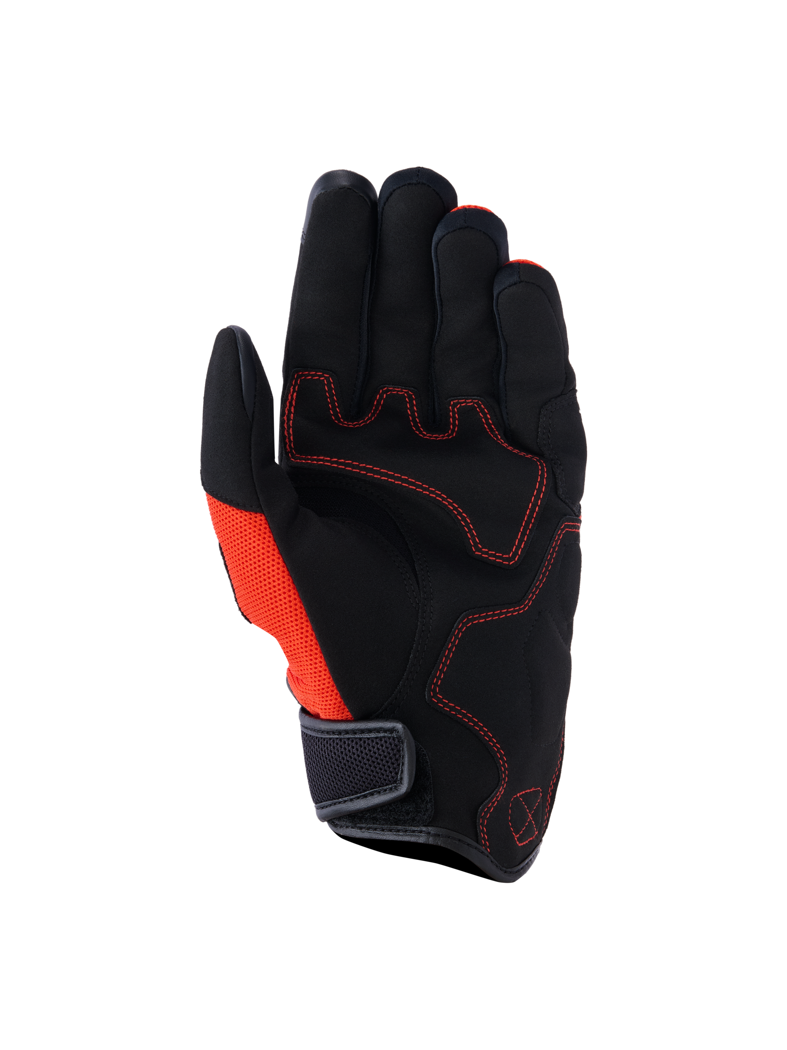 Guanti Alpinestars Ignite, vista del palmo, nero e rosso tangerine, palmo in pelle scamosciata sintetica con cuciture rosse a contrasto, pannello laterale in mesh, polsino corto con chiusura a strappo, abbigliamento da moto urbano
