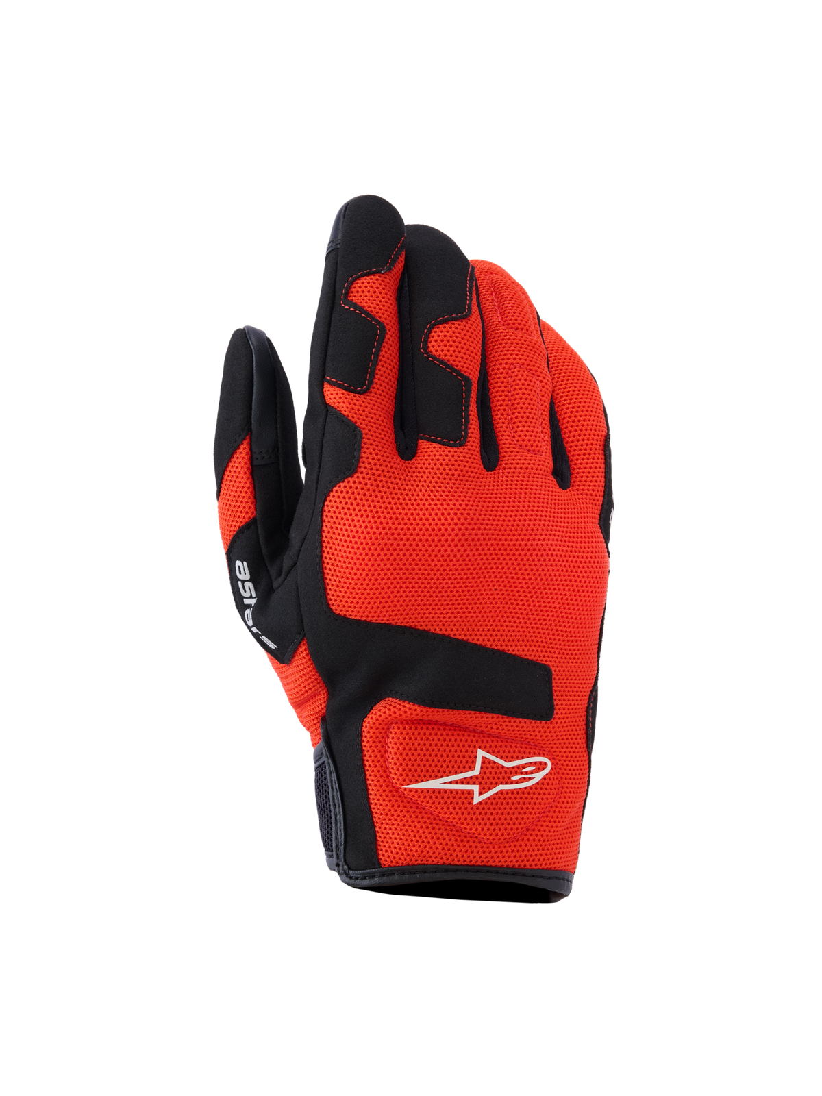 Guanti Alpinestars Ignite, guanti da moto, rosso tangerine e nero, tessuto in mesh traspirante, rinforzi neri su dita e nocche, logo a stella bianco, design a polsino corto