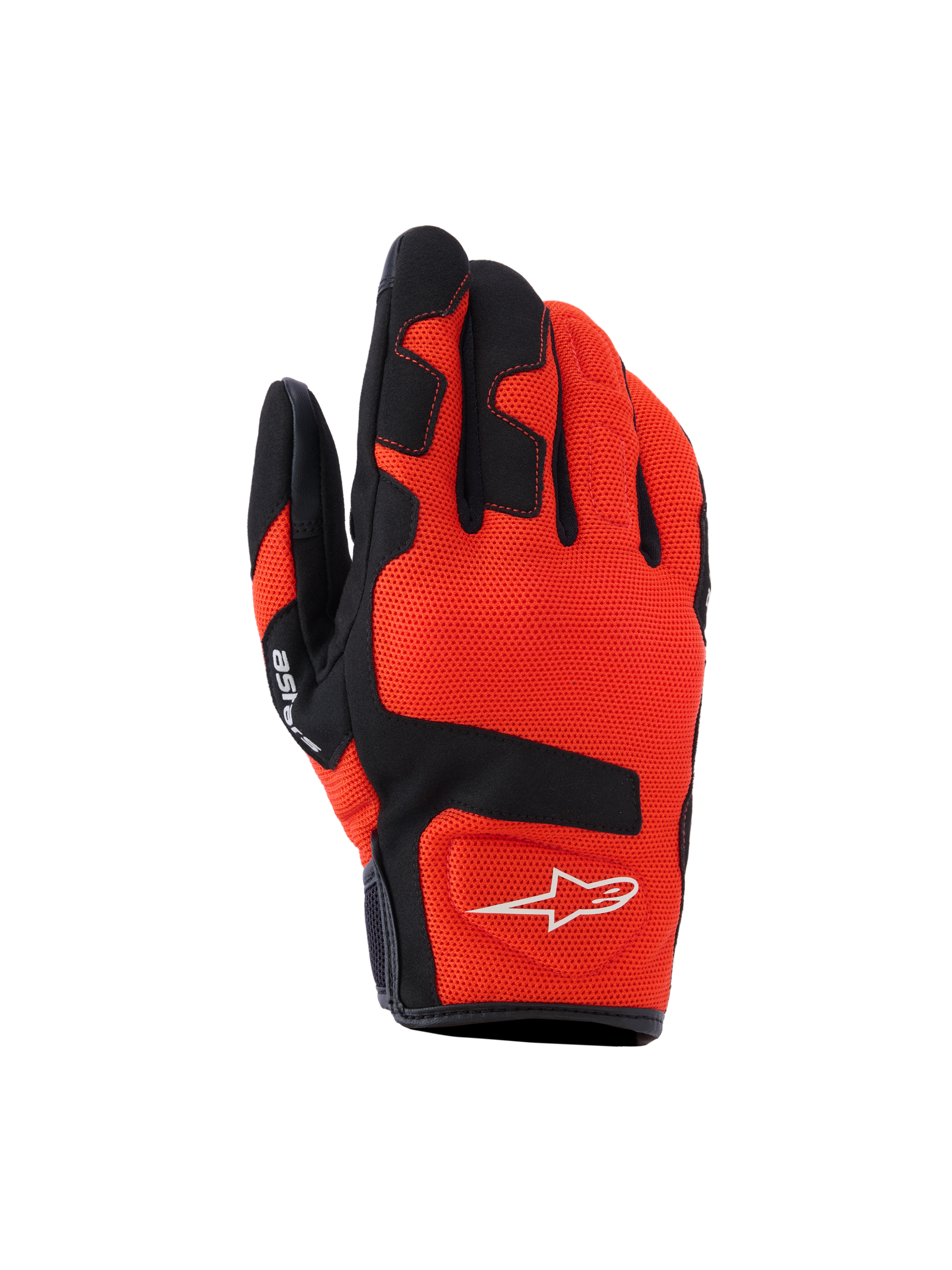 Guanti Alpinestars Ignite, guanti da moto, rosso tangerine e nero, tessuto in mesh traspirante, rinforzi neri su dita e nocche, logo a stella bianco, design a polsino corto