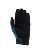 Guanti Alpinestars Ignite, guanti da moto urban, blu indaco e nero, vista del palmo in pelle scamosciata sintetica con imbottitura strategica, inserto laterale in mesh verde petrolio e design a polsino corto con chiusura a strappo