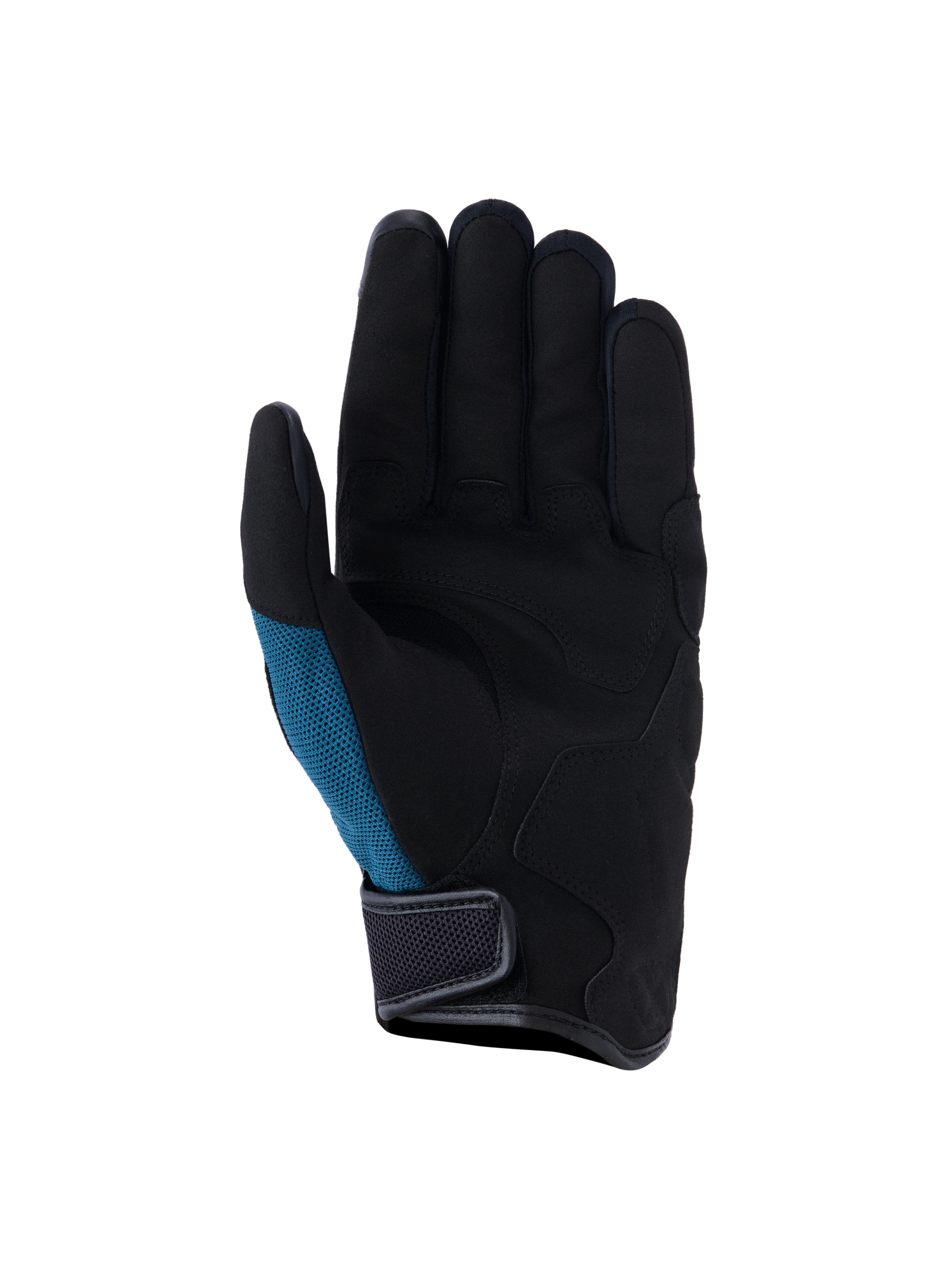 Guanti Alpinestars Ignite, guanti da moto urban, blu indaco e nero, vista del palmo in pelle scamosciata sintetica con imbottitura strategica, inserto laterale in mesh verde petrolio e design a polsino corto con chiusura a strappo